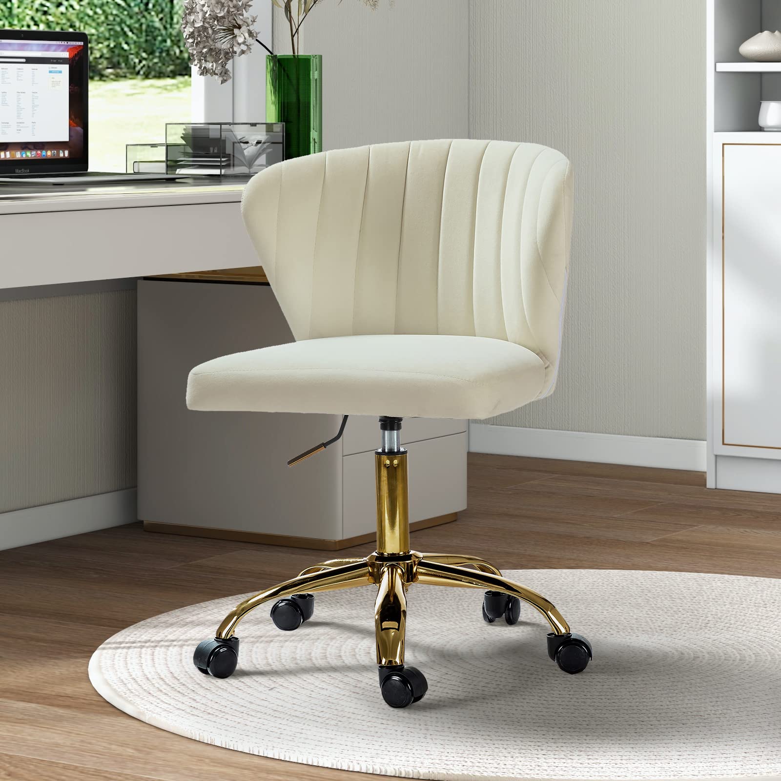 TINA'S HOME Modern Velvet Office Chair with Wheels & Gold Base - Adjustable Low Back Swivel Rolling Task Chair, Armless Upholstered Desk Chair for Home Office, Living Room, Vanity or Study - Ivory