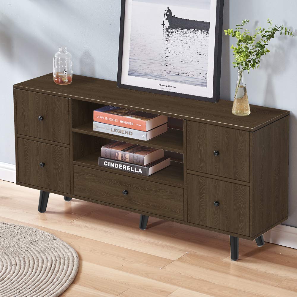 4HOMART YVONNE&F.L.A.M. Modern TV Stand with 5 Drawers - White Wooden TV Console for Flat Screen TVs up to 65