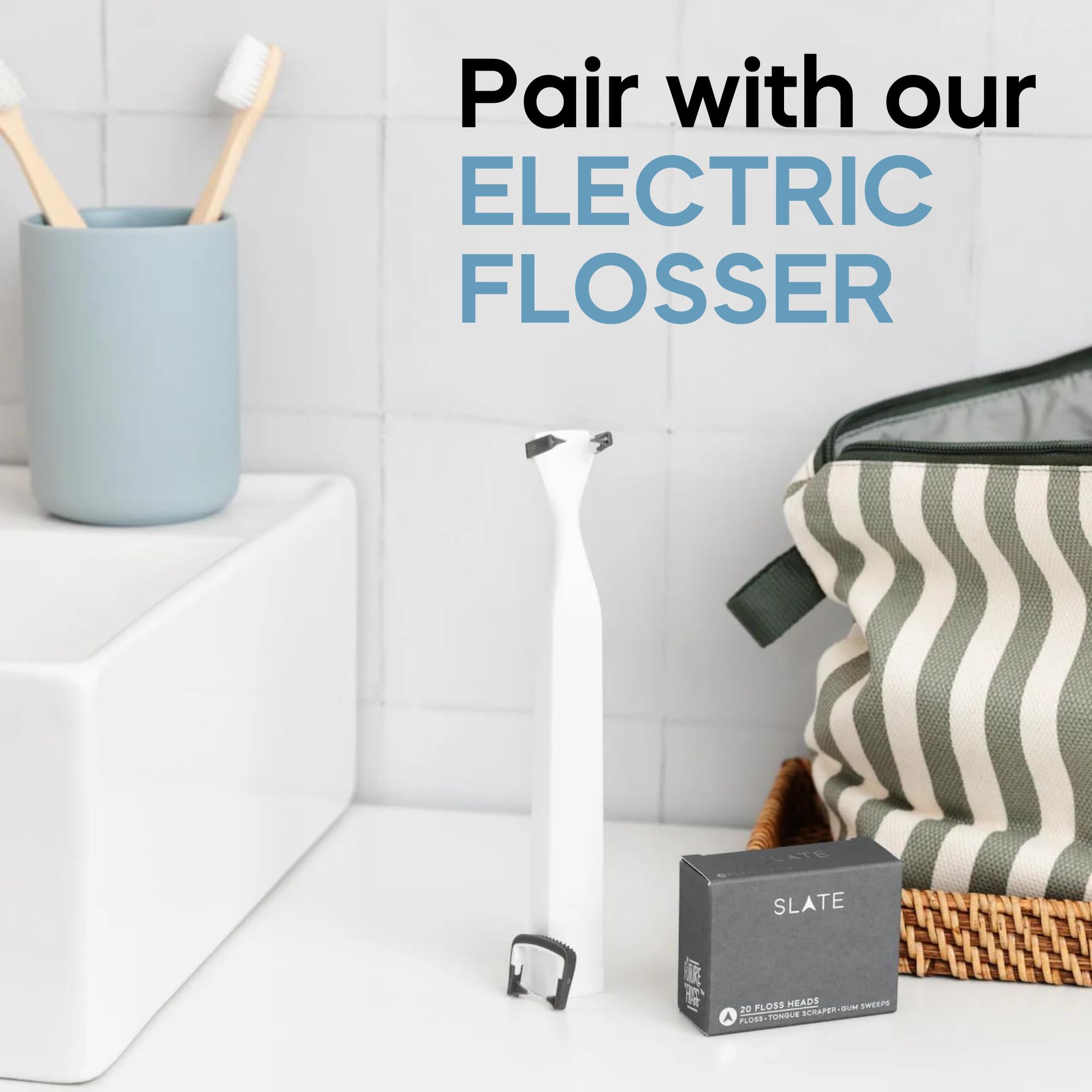 Slate Flosser Refills - 20 Pack Reusable Woven Floss Heads | PFAS-Free & Unwaxed Dental Floss for Electric Water Flosser | Gentle Gum Care & Tongue Scraper | Perfect for Travel & Daily Oral Hygiene Routine