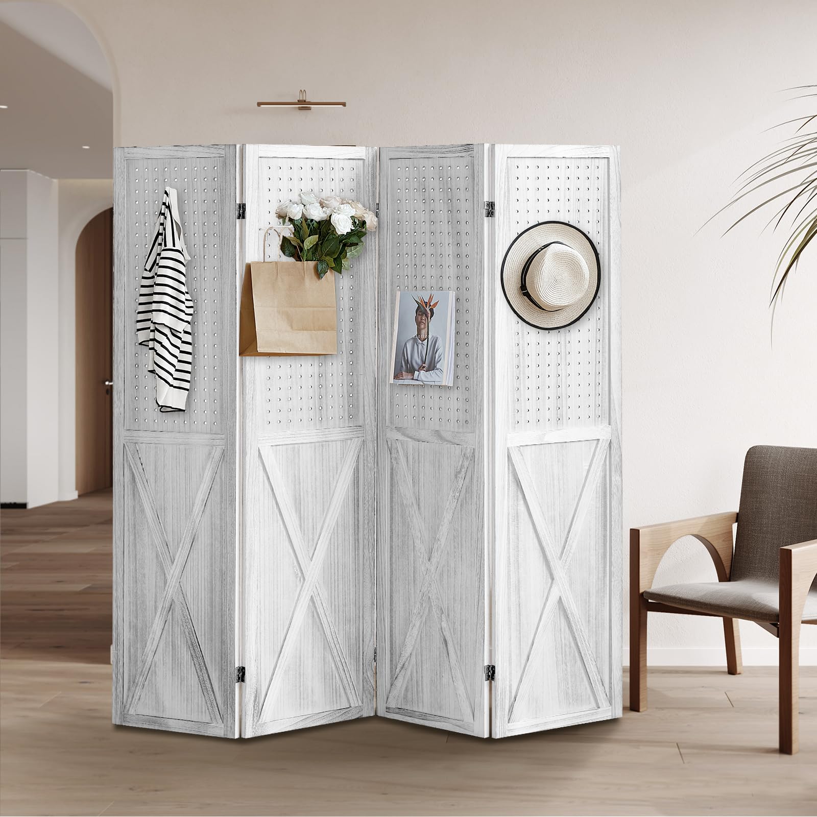 4 Panel Wooden Room Divider Screen - 5.6Ft Folding Privacy Partition with Pegboard Display | Freestanding Trade Show Booth, Craft Fair Display & Home Wall Organizer | Perfect for Room Separation, Retail Displays & Home Decor (Retro White)