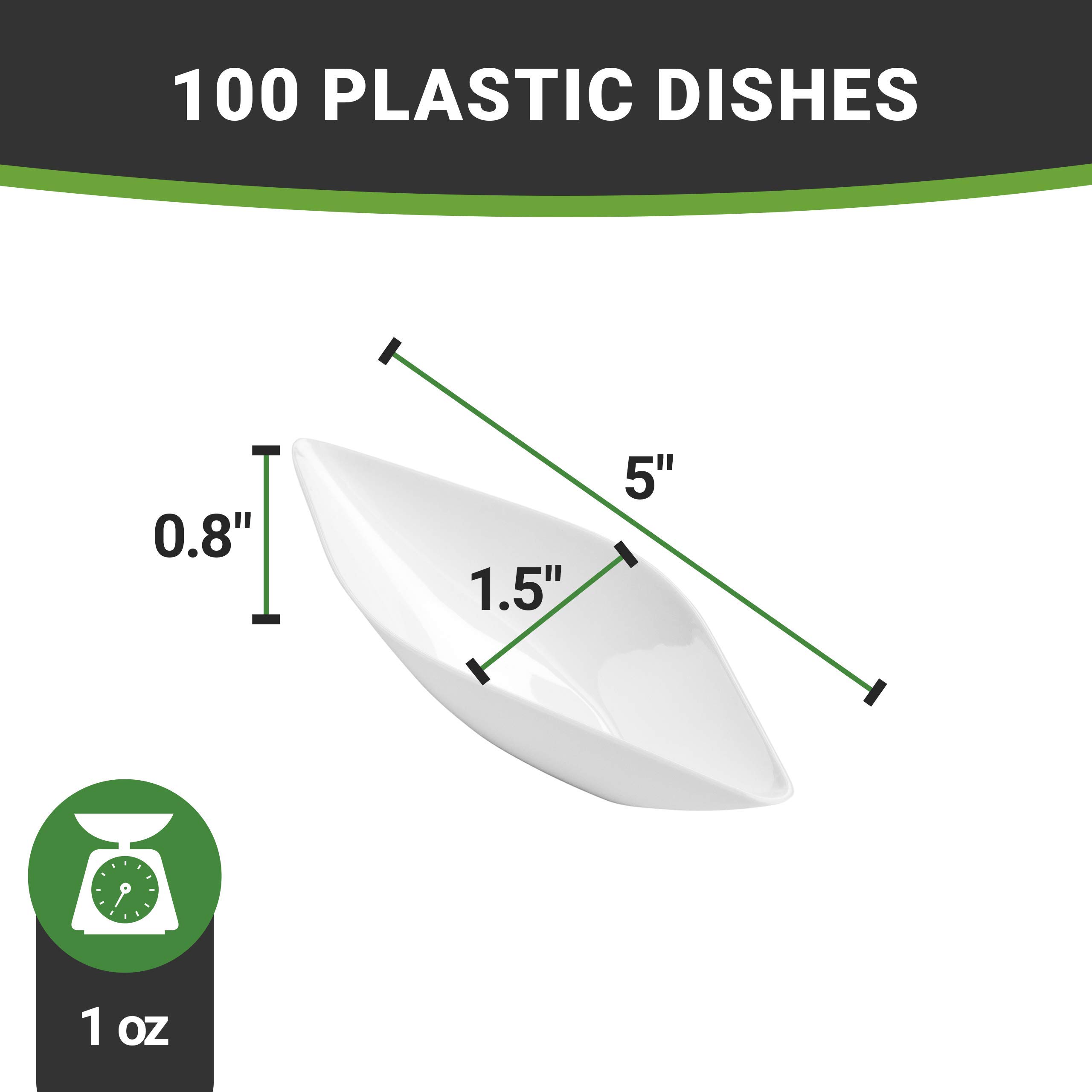 Restaurantware 1 oz Disposable Dipping Sauce Bowls - 100 Pack White Plastic Canoe-Shaped Small Dishes for Dips, Appetizers, Desserts & Samples | Perfect for Restaurants, Catering & Party Serving