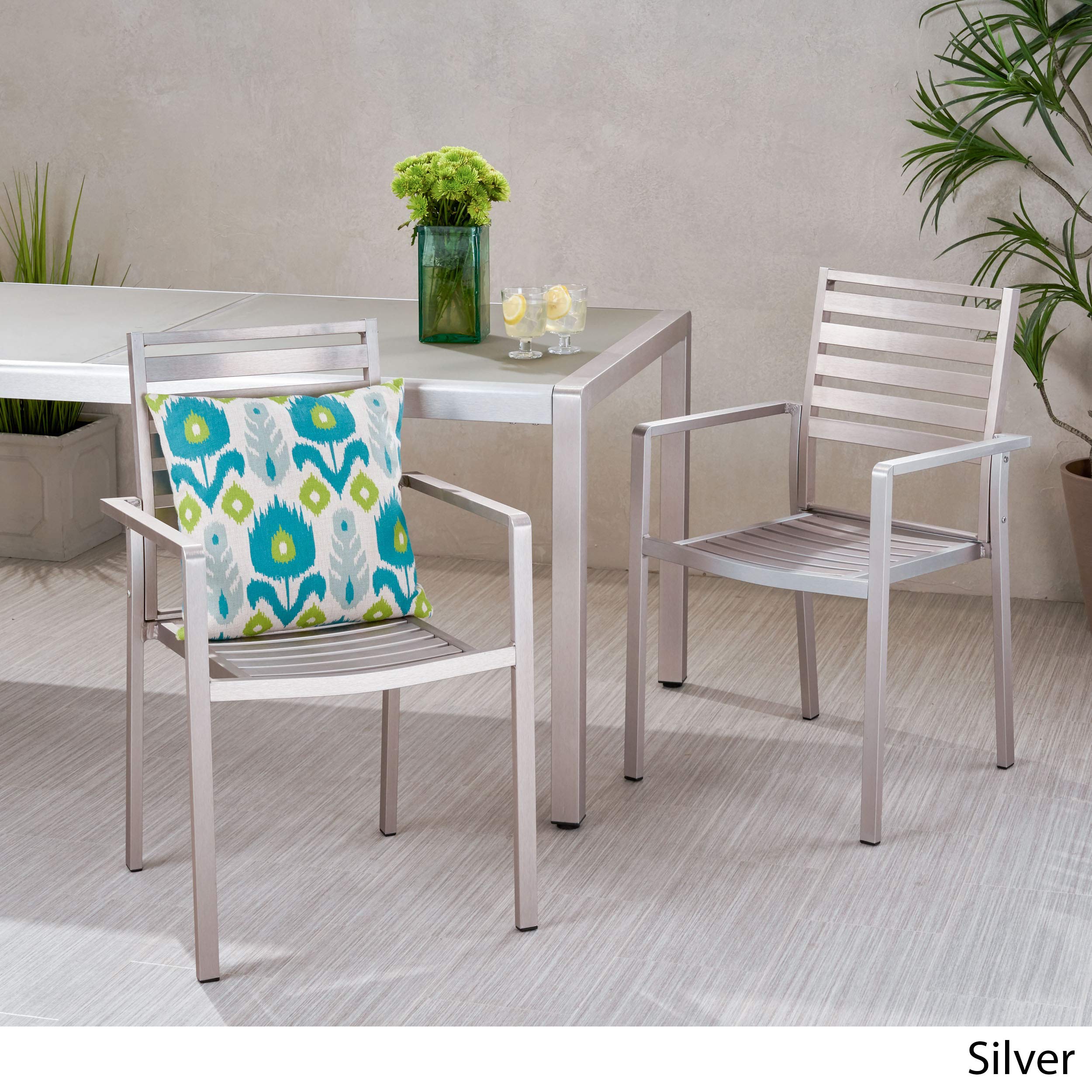 Modern Aluminum Outdoor Dining Chairs (Set of 2) - Silver Patio Furniture for Garden, Poolside & Backyard - Weather-Resistant & Lightweight