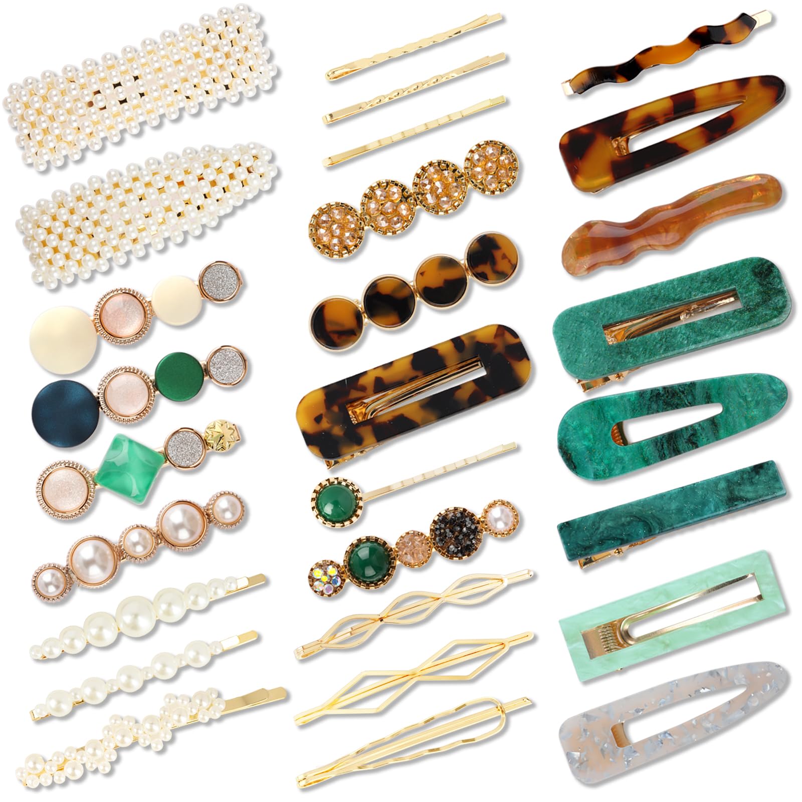 28PCS Pearl Acrylic Resin Hair Clips Set - Brown Alligator Barrettes, Geometric Hairpins & Gold Duckbill Bobby Pins - Shimmering Hair Accessories for Women - Perfect for Weddings, Parties & Everyday Styling