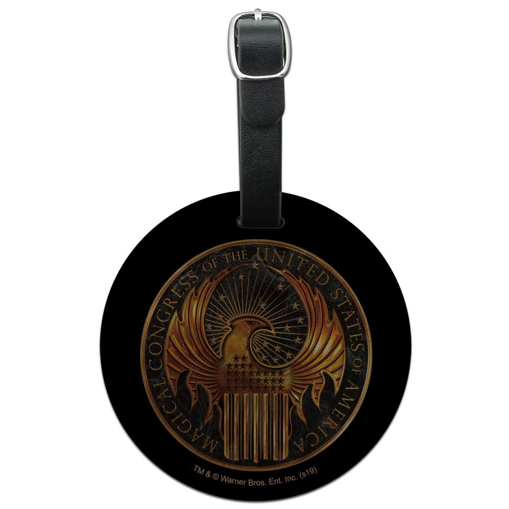 Fantastic Beasts Magical Congress Logo Round Leather Luggage Tag - Personalized ID Card Holder for Travel Bags, Suitcases & Backpacks - Perfect for Harry Potter Fans & Wizarding World Enthusiasts