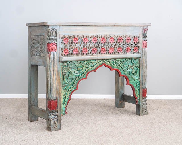 Hand Carved Wooden Indian Console Table - Solid Wood Entryway Table for Hallway, Living Room & Foyer Decor | Traditional Handcrafted Furniture for Home & Office