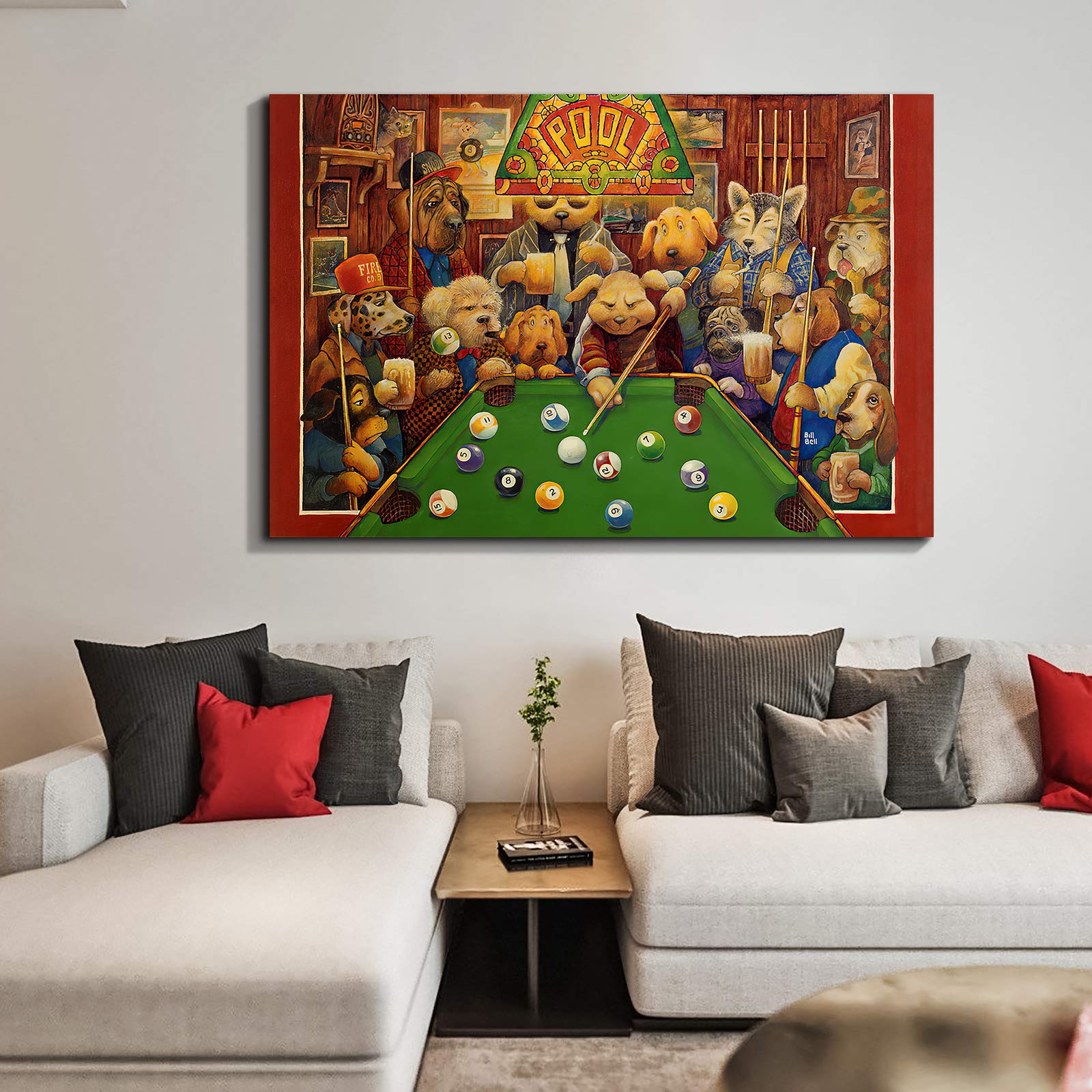 Denozer Dogs Playing Pool Oil Painting Reproduction - Cassius Marcellus Coolidge Billiards Art, Giclee Canvas Print Wall Decor (48x32 Inch) Ready to Hang - Perfect for Game Rooms, Man Caves & Entertainment Spaces