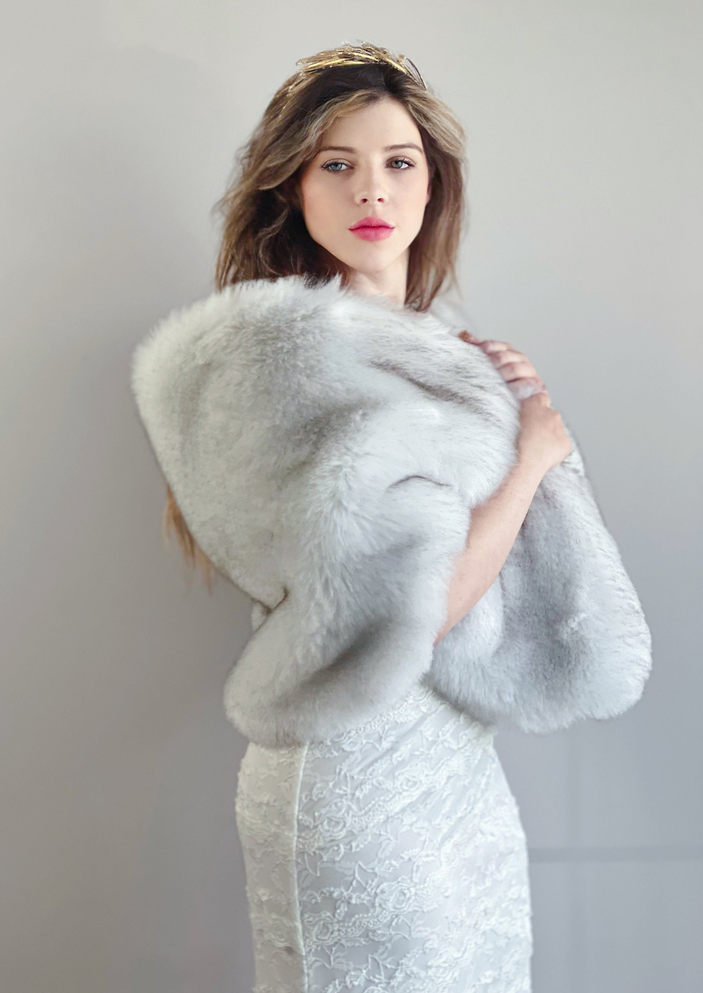 Light Grey Fur Shawl Wrap for Women - Butterfly LGRY01 | Soft Winter Scarf for Cold Weather, Evening Parties & Special Occasions