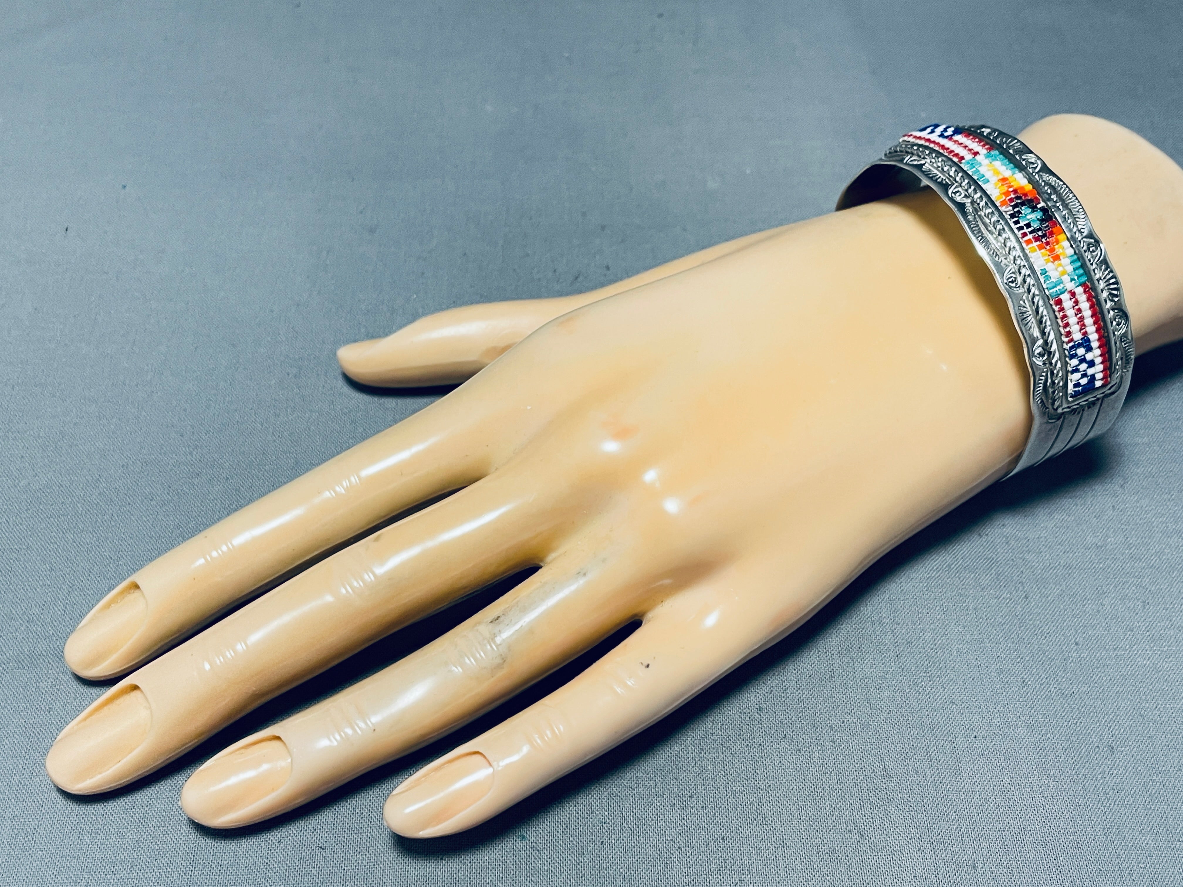 Authentic Navajo Sterling Silver Beaded Bracelet with American Flag Design - Handcrafted Vintage Jewelry for Women - Perfect for Patriotic Events, Cultural Celebrations & Boho Fashion