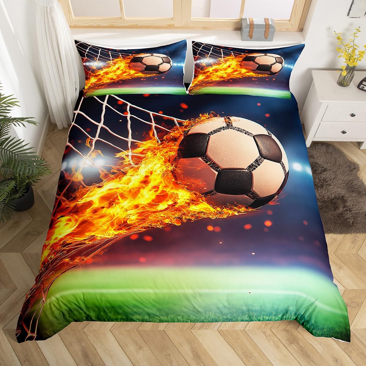 Erosebridal Soccer Fire Duvet Cover Set - Burning Football Pattern Comforter Cover - European Sports Bedding for Kids & Teens - King Size Bedclothes for Football Players & Fans - Perfect for Game Day Decor, Sports Themed Bedrooms & Competitive Sports Enthusiasts