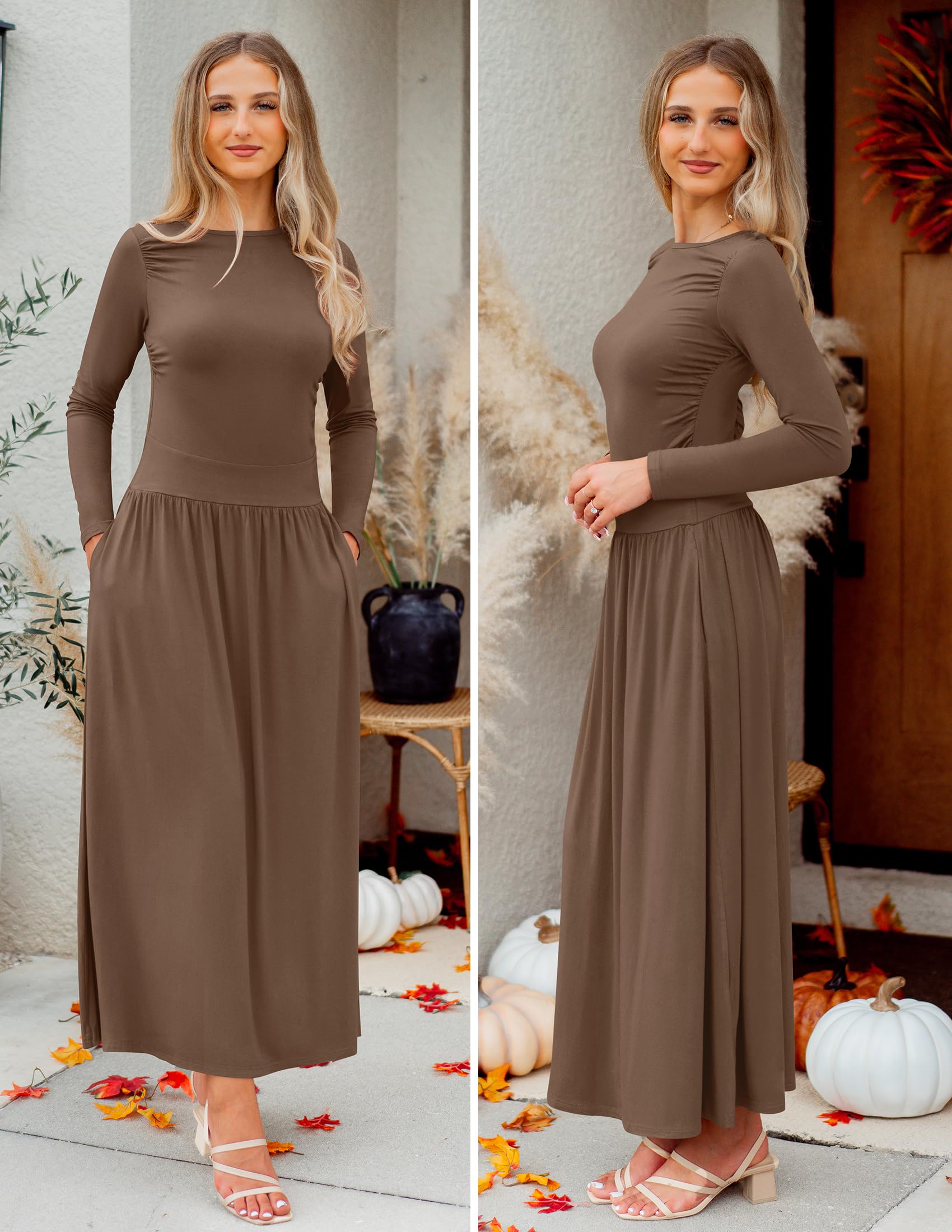 ZESICA Women's Long Sleeve Maxi Dress 2025 - Crewneck Knit Casual Swing Dress with Pockets | Spring Slim Pleated Flowy Dress for Brunch, Date Night & Vacation Outfits