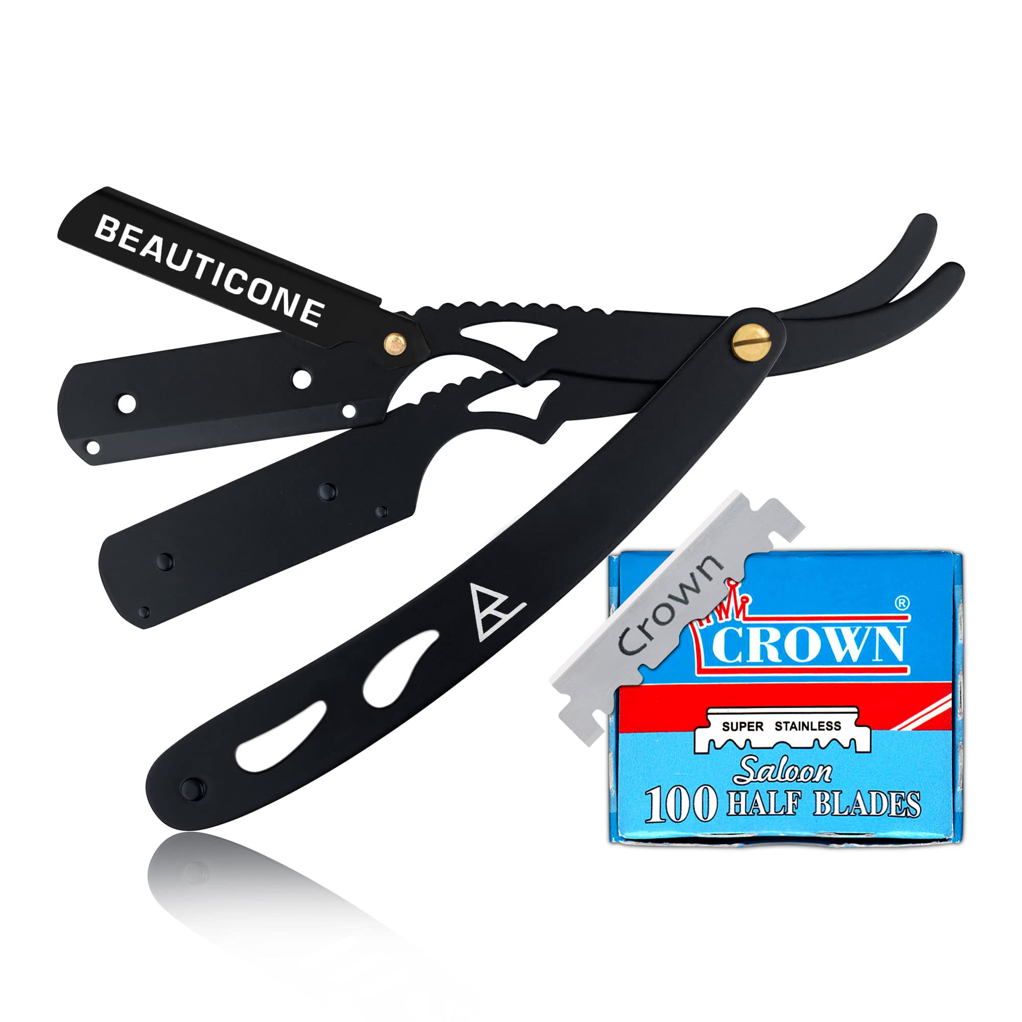 Professional Straight Razor for Men - BEAUTICONE Barber Razor with 100 Single Edge Blades, Black & Gray Leaf Handle - Perfect for Shaving, Grooming & Beard Trimming at Home or Salon