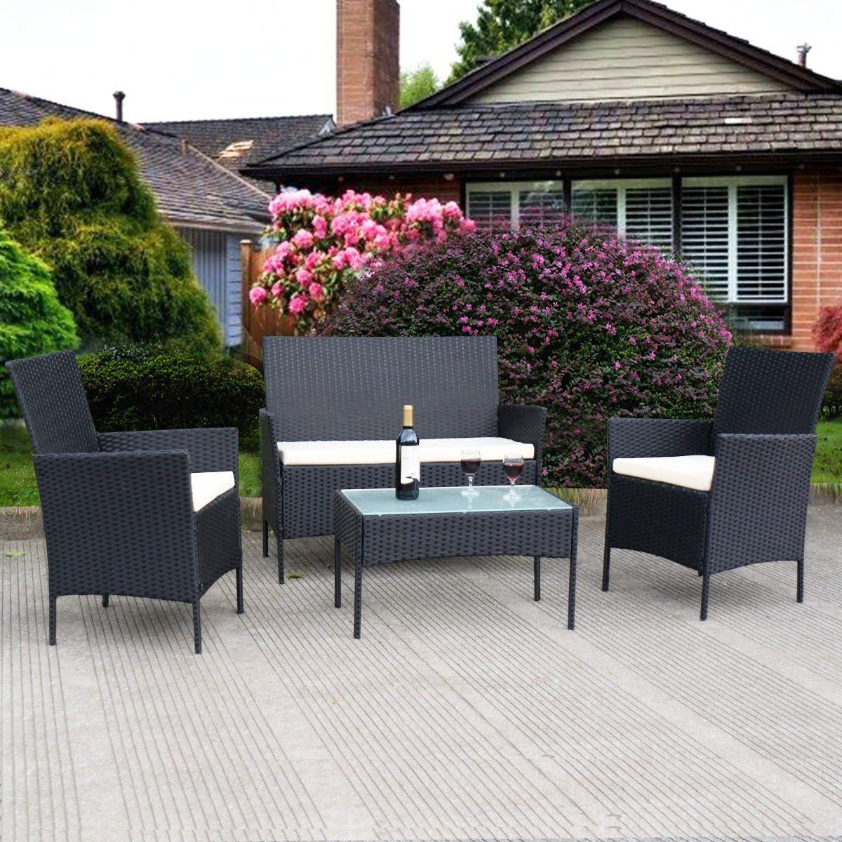 4-Piece Outdoor Rattan Furniture Set - Garden Patio Balcony Wicker Sofa & Chair Set with Removable Cushions & Coffee Table in Black - Perfect for Backyard, Poolside, and Terrace Relaxation