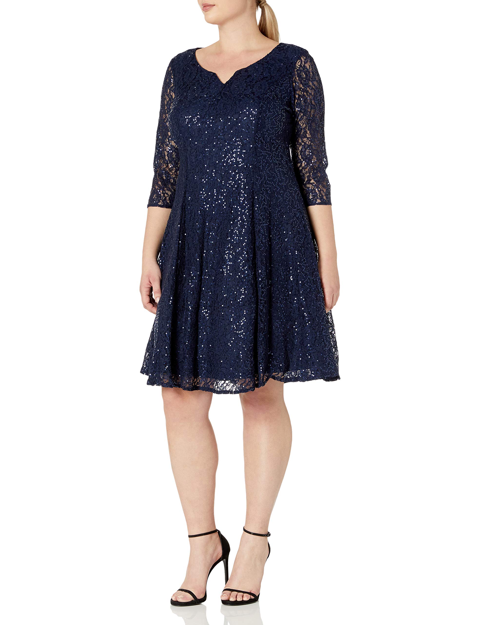 S.L. Fashions Women's Plus Size Sequin Lace Fit and Flare Dress for Party, Wedding & Special Occasions | Elegant Evening Gown with Sparkling Details