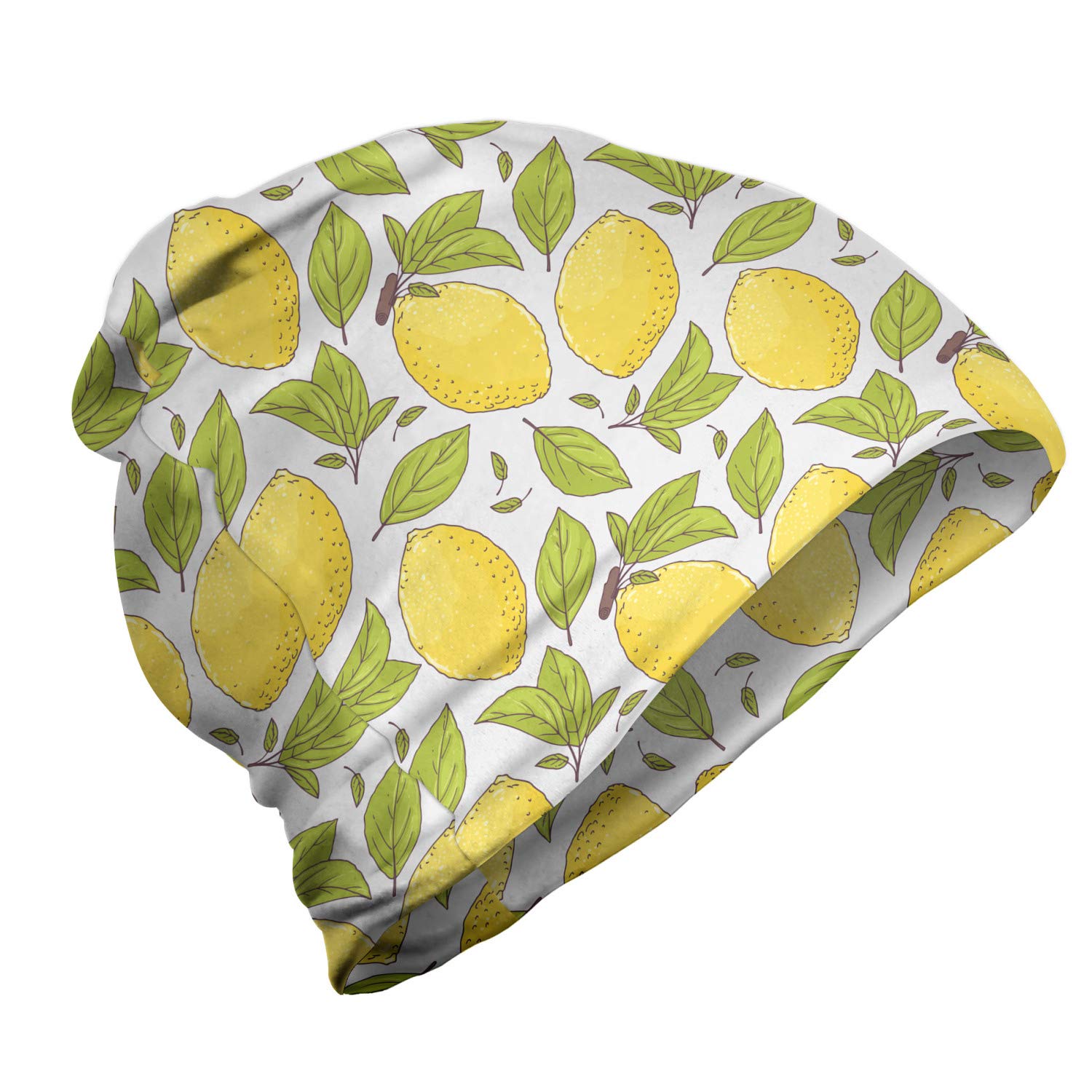 Ambesonne Unisex Beanie - Lemonade Fruit Leaves Doodle Design for Men & Women - Soft Knit Winter Hat for Hiking, Camping & Outdoor Activities
