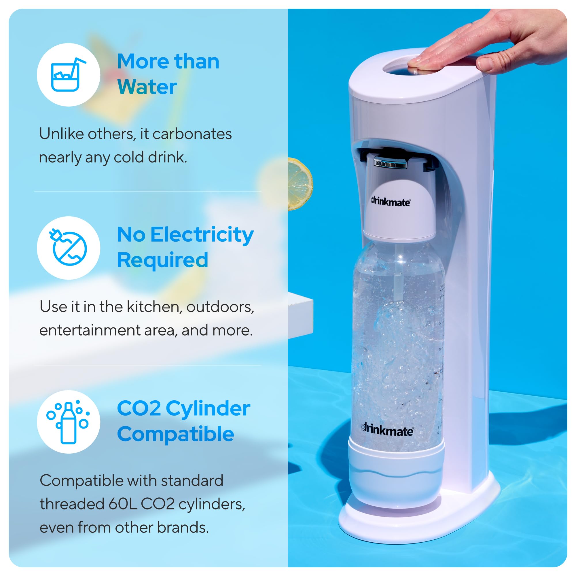 Drinkmate OmniFizz Sparkling Water & Soda Maker Machine - Carbonates Any Beverage with 3x60L CO2 Cylinders, 2 Carbonation Bottles & Fizz Infuser (Classic White) - Perfect for Home, Office & Party Use