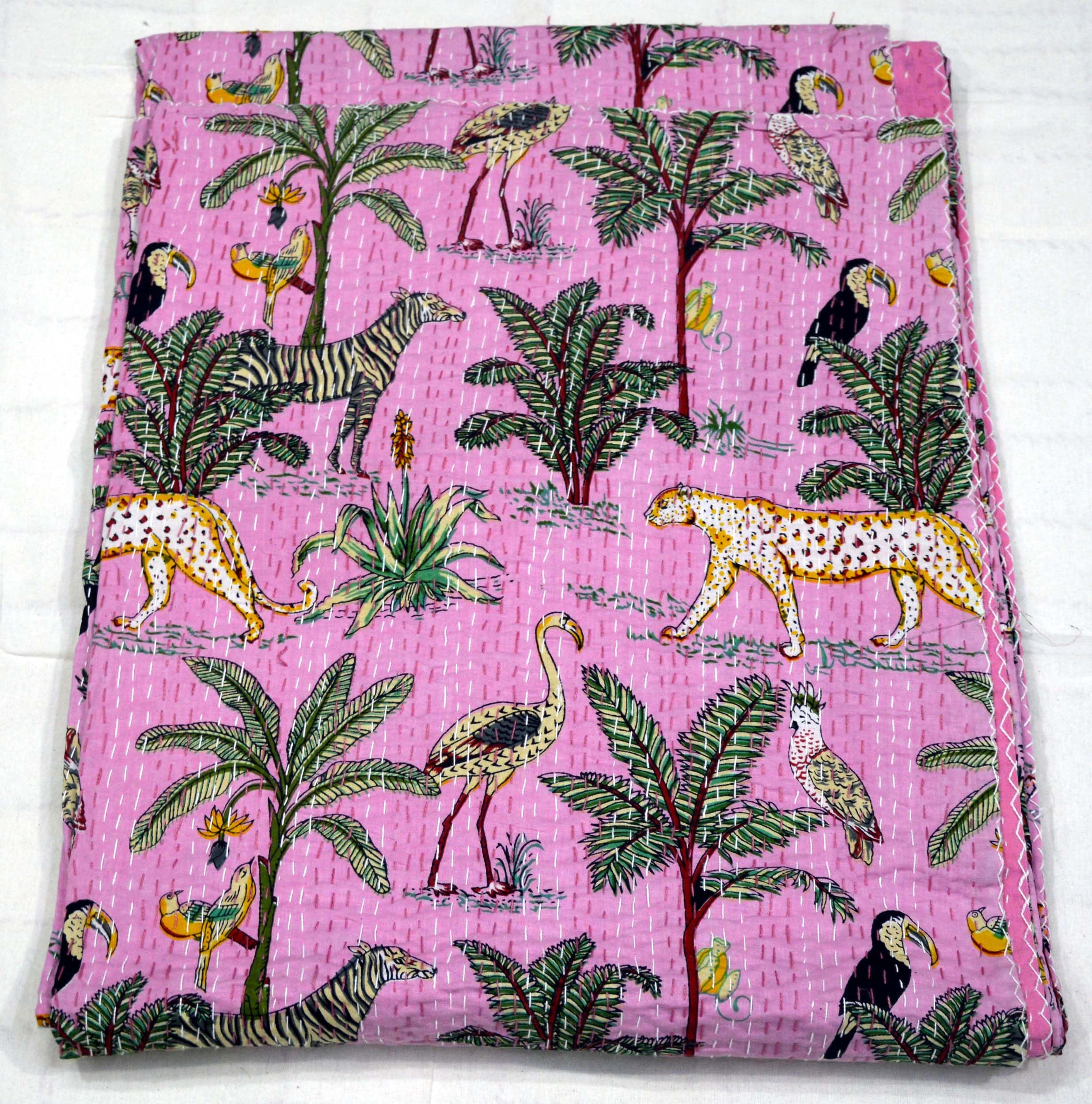 Handmade Indian Cotton Kantha Quilt - Lightweight Vintage Bedspread, Hippie Bedding & Throw Blanket | Twin Size Baby Pink | Perfect for Boho Bedroom Decor, Guest Room Cover & Cozy Nap Blanket