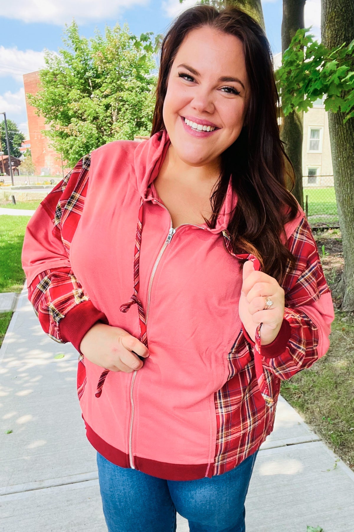 Stylish Marsala Plaid Color Block Zipper French Terry Hoodie for Women | Cozy Fall & Winter Outerwear | Perfect for Casual Outings, Lounge Wear and Street Fashion