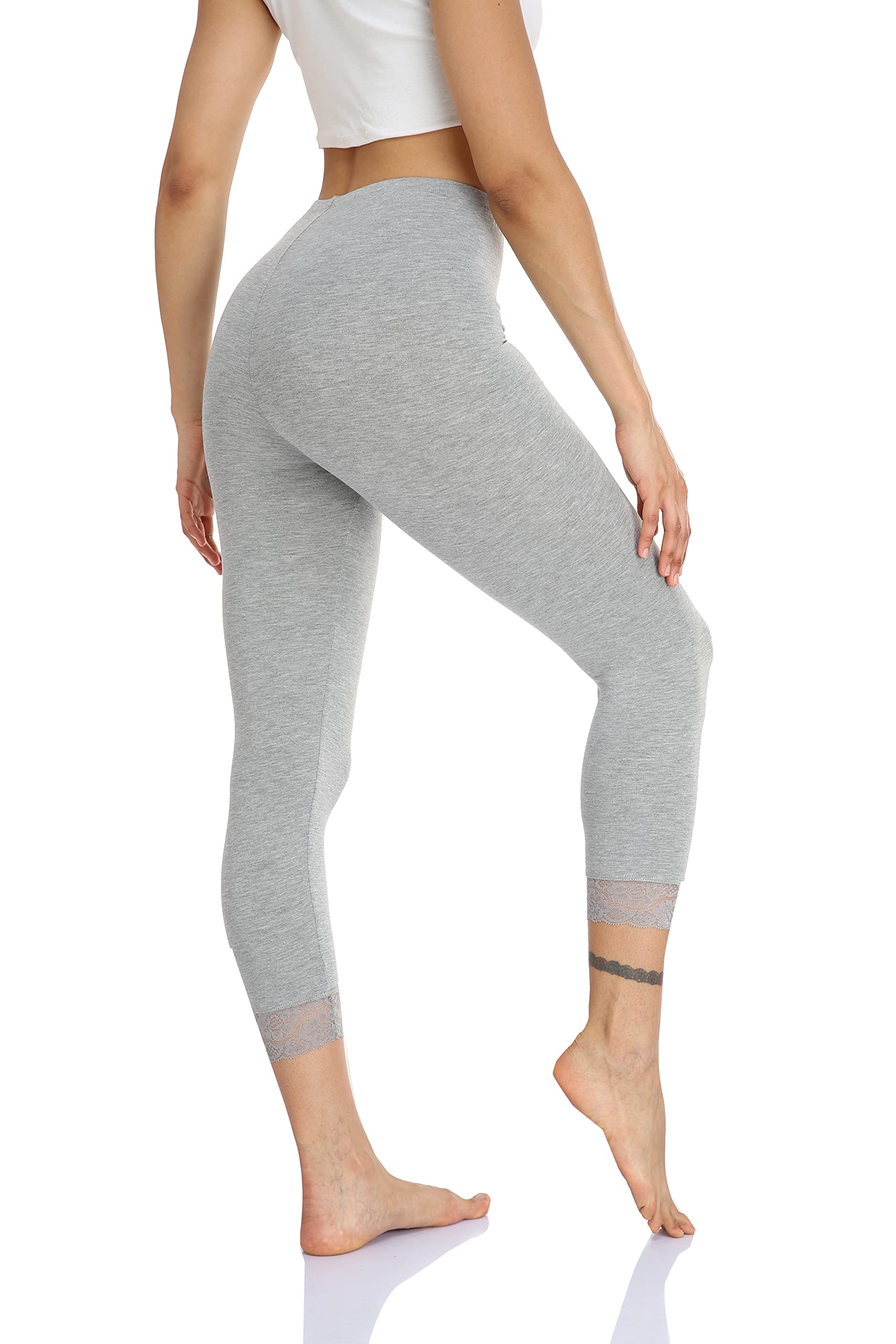 Women's High Waist Lace Trim 3/4 Length Capri Yoga Leggings - Stretchy Lightweight Cropped Tights for Workout, Lounge & Casual Wear