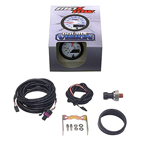 MaxTow Double Vision 100 PSI Oil Pressure Gauge Kit with Electronic Sensor - White Face & Blue LED Backlit Dial - Analog & Digital Readout - 2-1/16