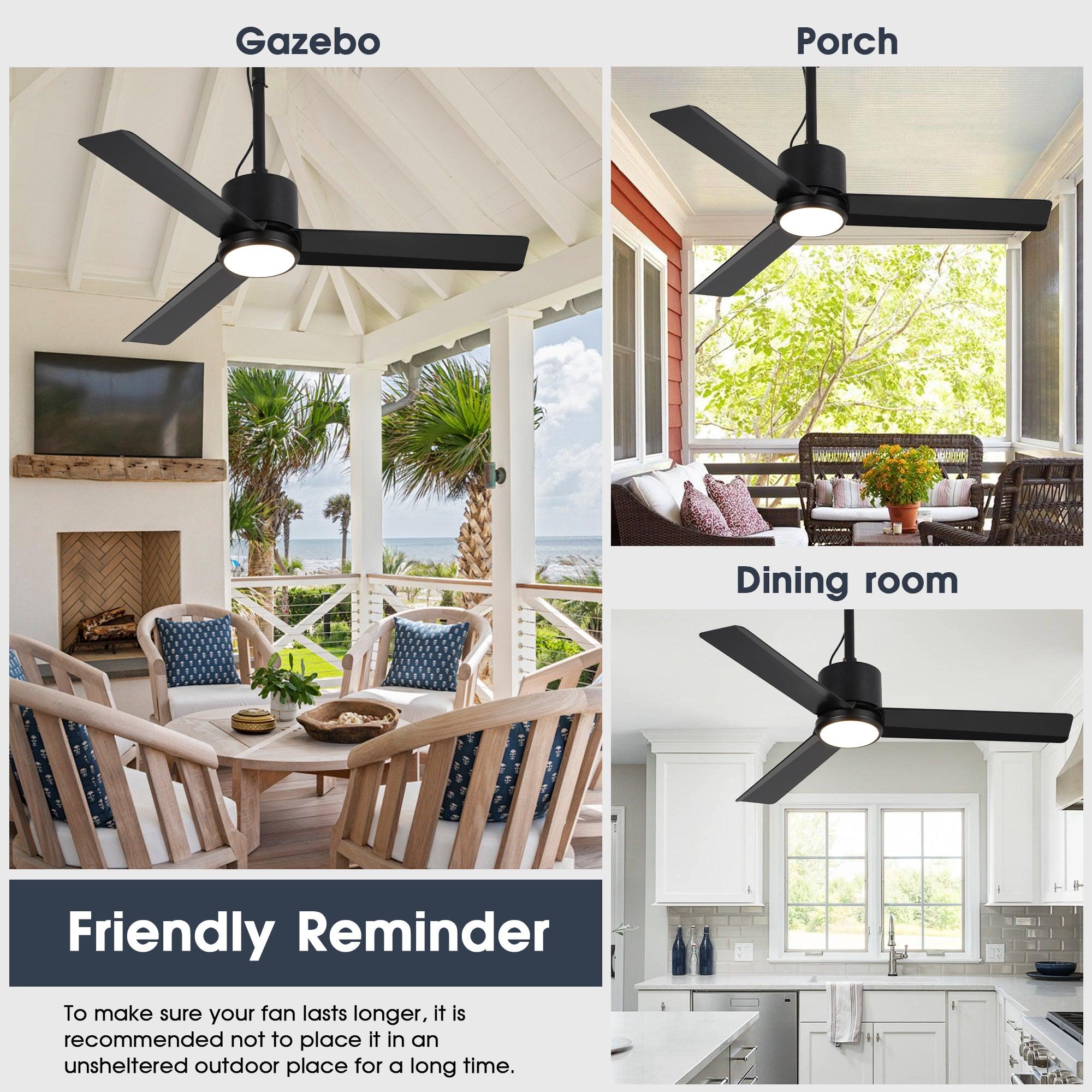 42 Inch IP65 Waterproof Ceiling Fan with LED Light - Indoor/Outdoor Use for Patio, Pool Area, Bathroom & Covered Porches - Black Finish with Convenient Hanging Hook