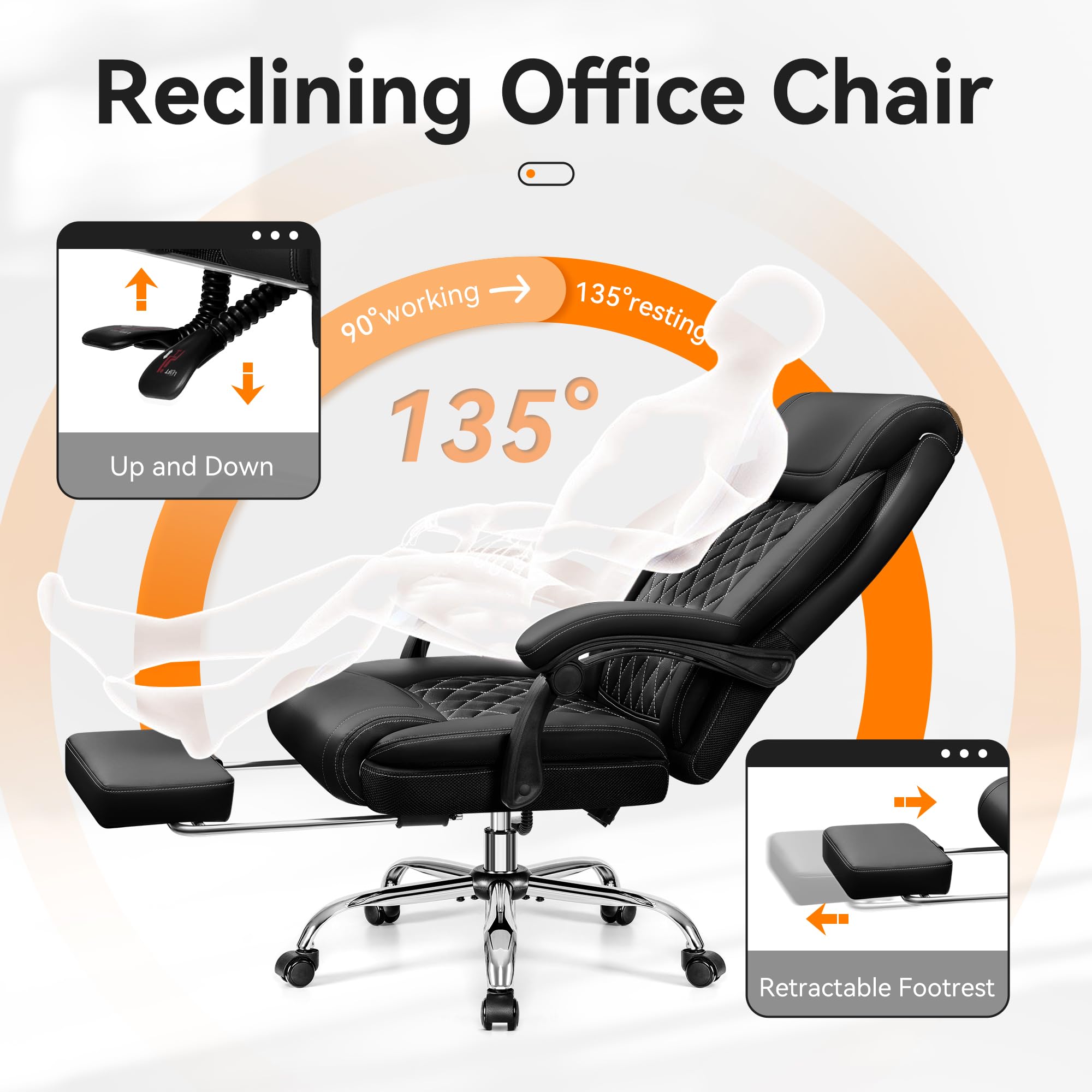 Premium Executive Leather Office Chair - Adjustable High Back Ergonomic Computer Desk Chair with Lumbar Support & Footrest - Big and Tall Comfortable Reclining Chair for Home Office, Conference Room & Gaming Setup