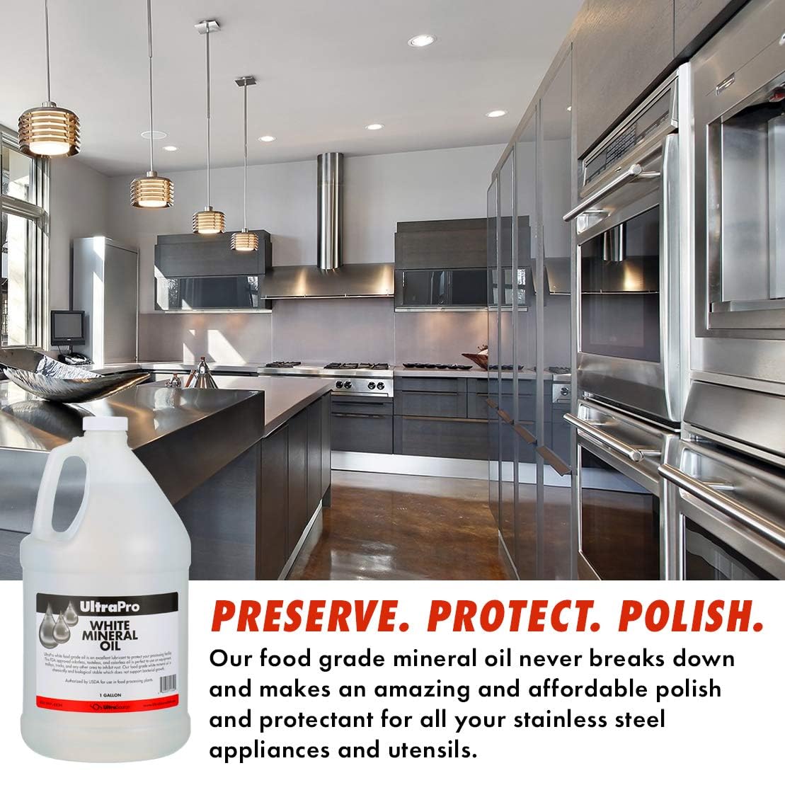 Food Grade Mineral Oil for Cutting Boards & Butcher Blocks - UltraPro 100% Pure USP Grade Lubricant for Wood, Stainless Steel, Knives & Tools (4-Pack 1 Gallon Jugs) - Ideal for Kitchen, Workshop & Food Processing Equipment Maintenance