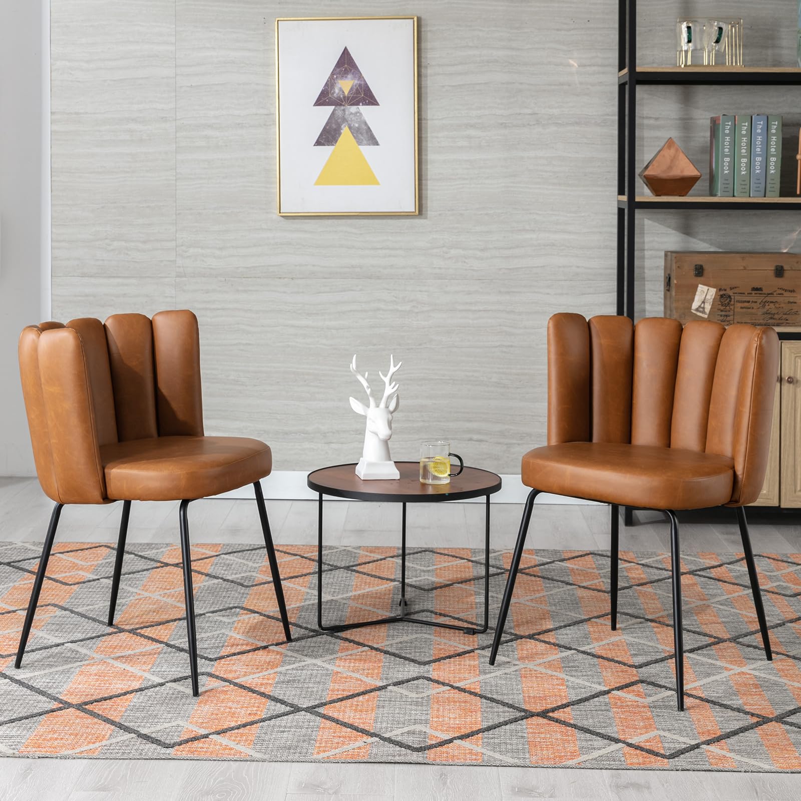 2 Pack Faux Leather Dining Chairs Set - Modern Accent Chairs with Petal Back Design & Sturdy Black Metal Legs, Comfortable Upholstered Side Chairs for Kitchen, Living Room, Restaurant or Office - Brown Leather-Like Seating Solution for Home & Commercial Spaces