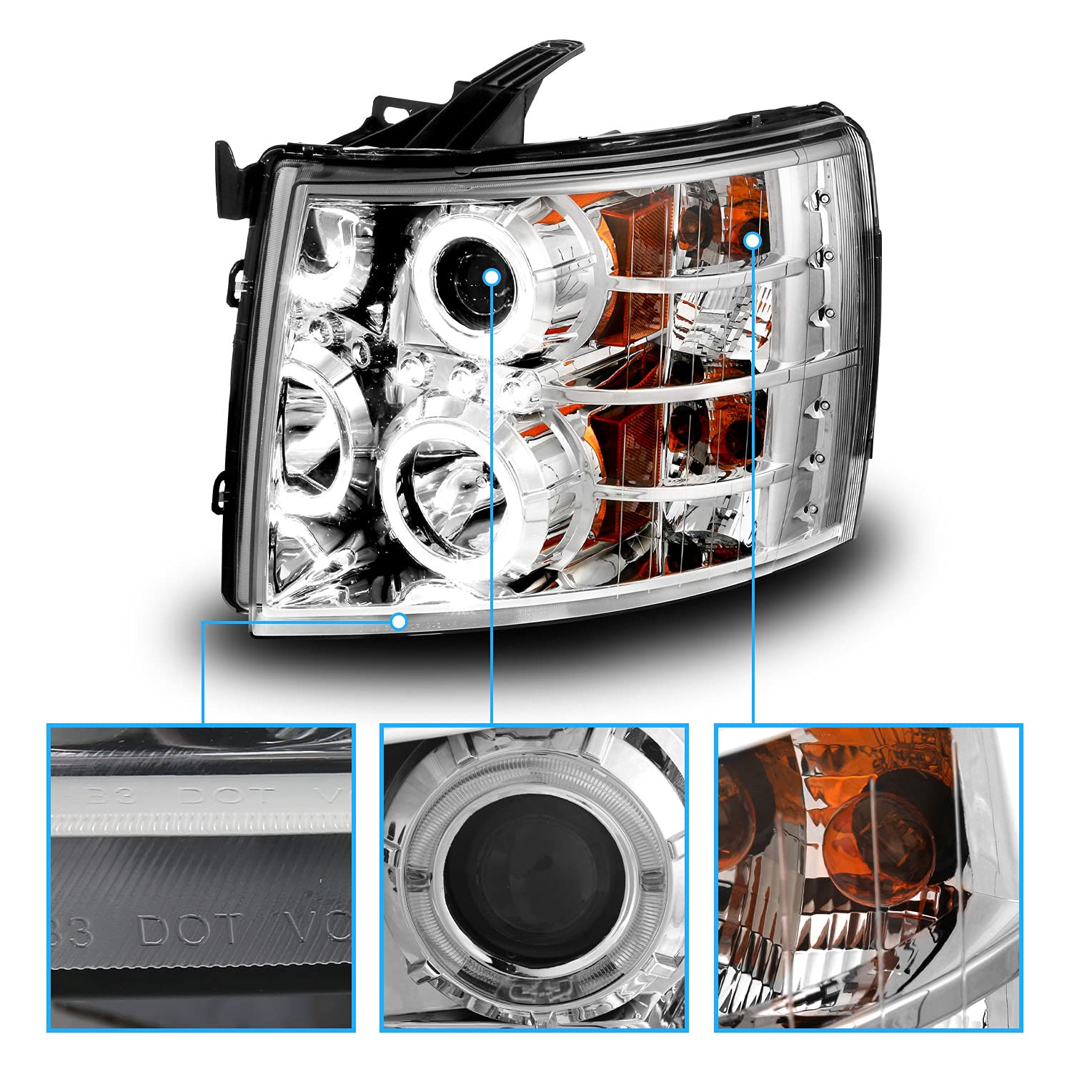 AmeriLite Chrome LED Halo Projector Headlights for Chevy Silverado 1500 2500 3500 - Pair (Driver & Passenger Side) - Upgrade Your Truck's Style & Night Visibility for Off-Roading & Daily Driving