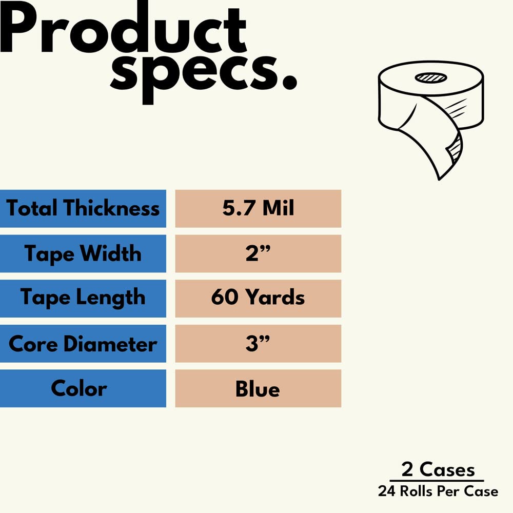 PSBM Blue Painters Tape 2 Inch x 60 Yards - 48 Pack Bulk Multipack - Easy Tear Masking Tape for Walls, Wood, Glass & Multi-Surface Use - Perfect for Painting, DIY Projects & Home Improvement