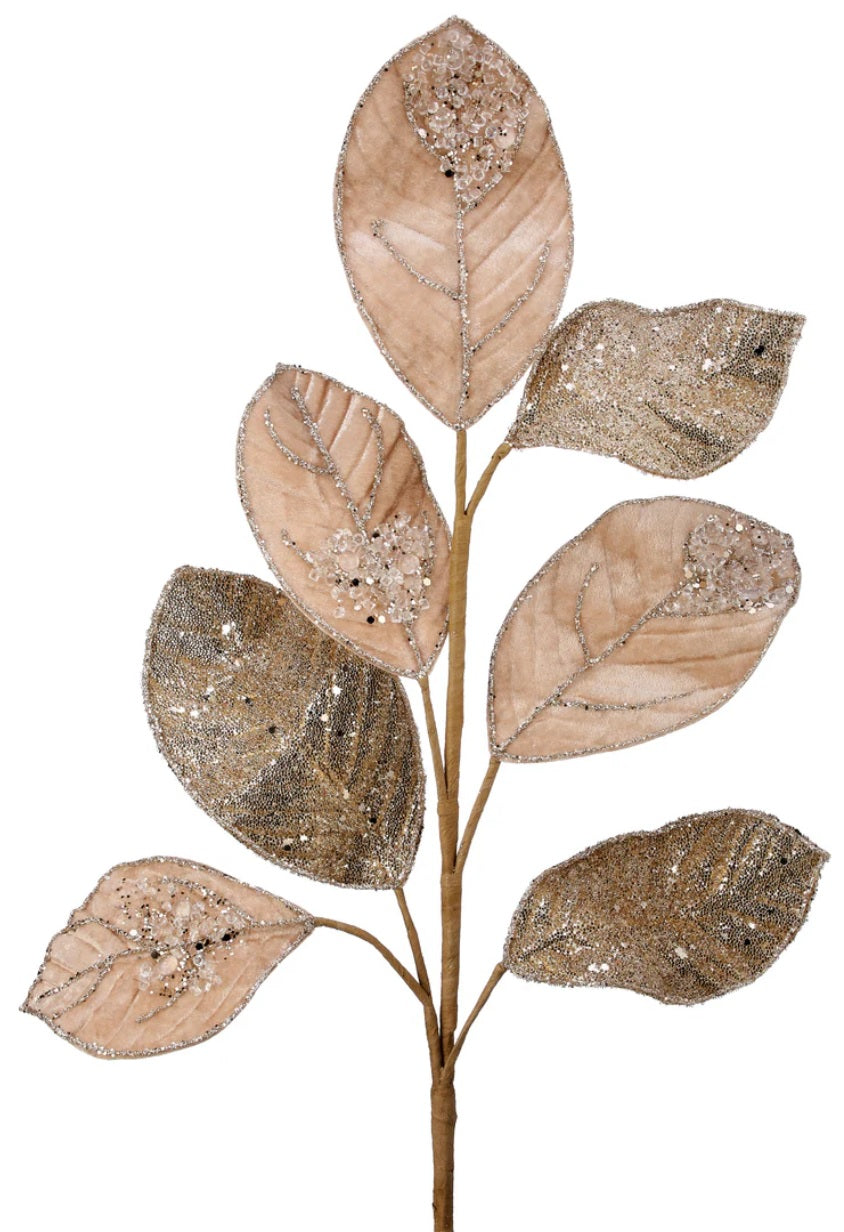 26 Glittered Champagne Velvet Salal Leaf Pick Spray - Elegant Floral Arrangement Decor for Weddings, Parties & Home Centerpieces