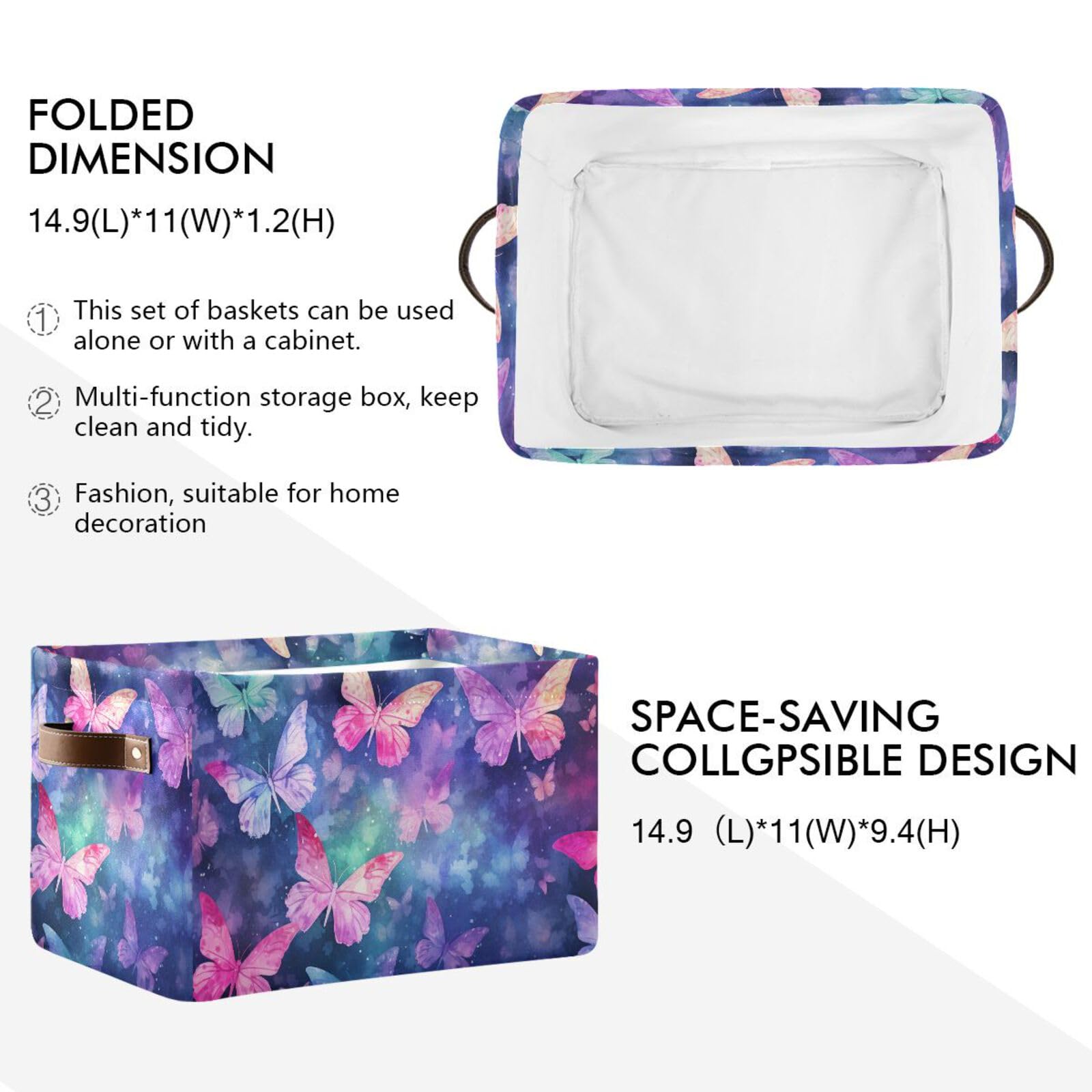 Senya Foldable Fabric Storage Basket - Spring Purple Flowers & Butterfly Design, Collapsible Clothes Organizer Bin for Bedroom, Closet & Laundry Room Storage