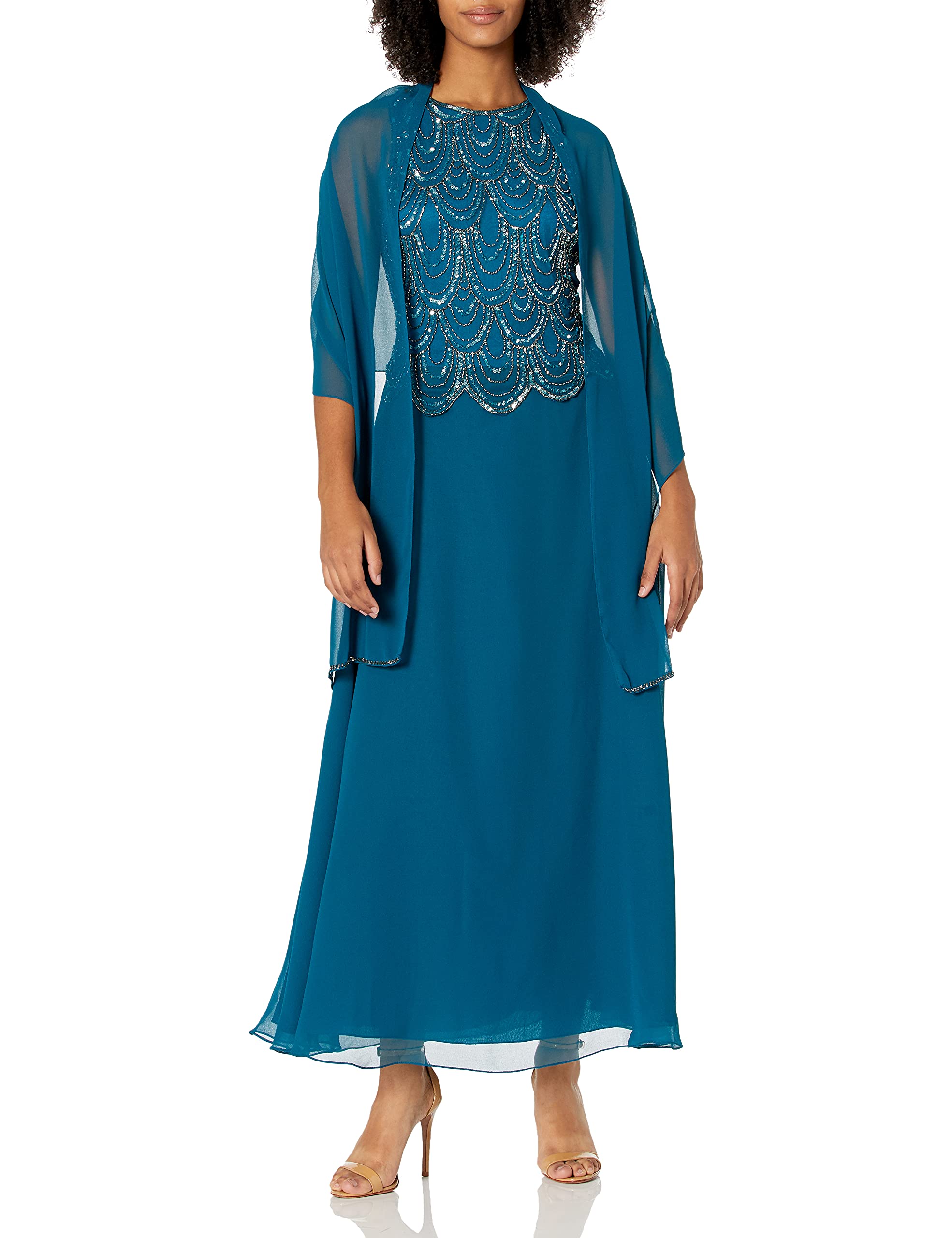 J Kara Women's Petite Sleeveless Beaded Pop Over Dress with Scarf - Elegant Summer Cocktail Party & Wedding Guest Outfit