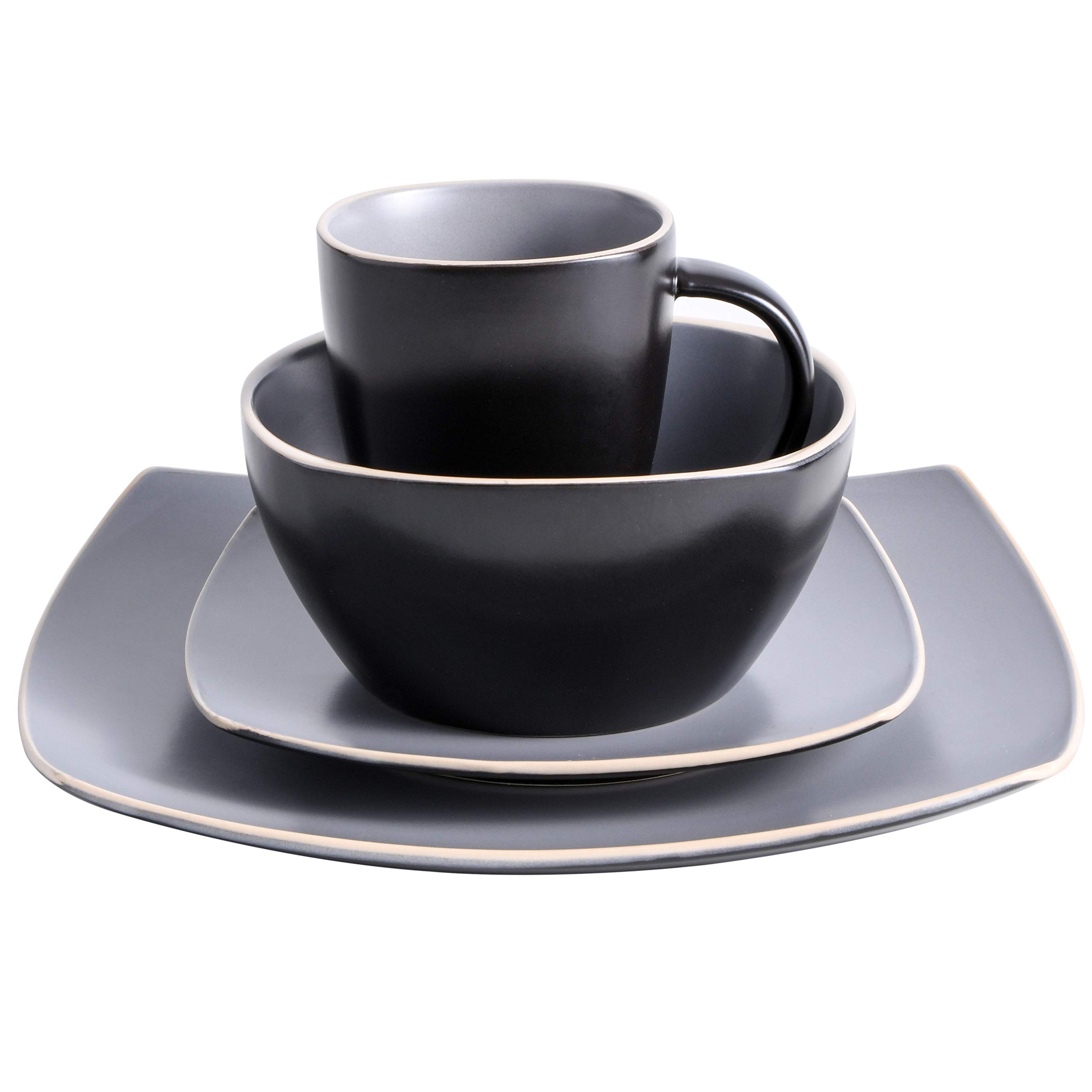 Premium Gibson Elite Soho Lounge 16-Piece Dinnerware Set for 4 - Matte Gray Stoneware Plates, Bowls & Mugs - Elegant Modern Tableware for Dining, Entertaining & Everyday Use