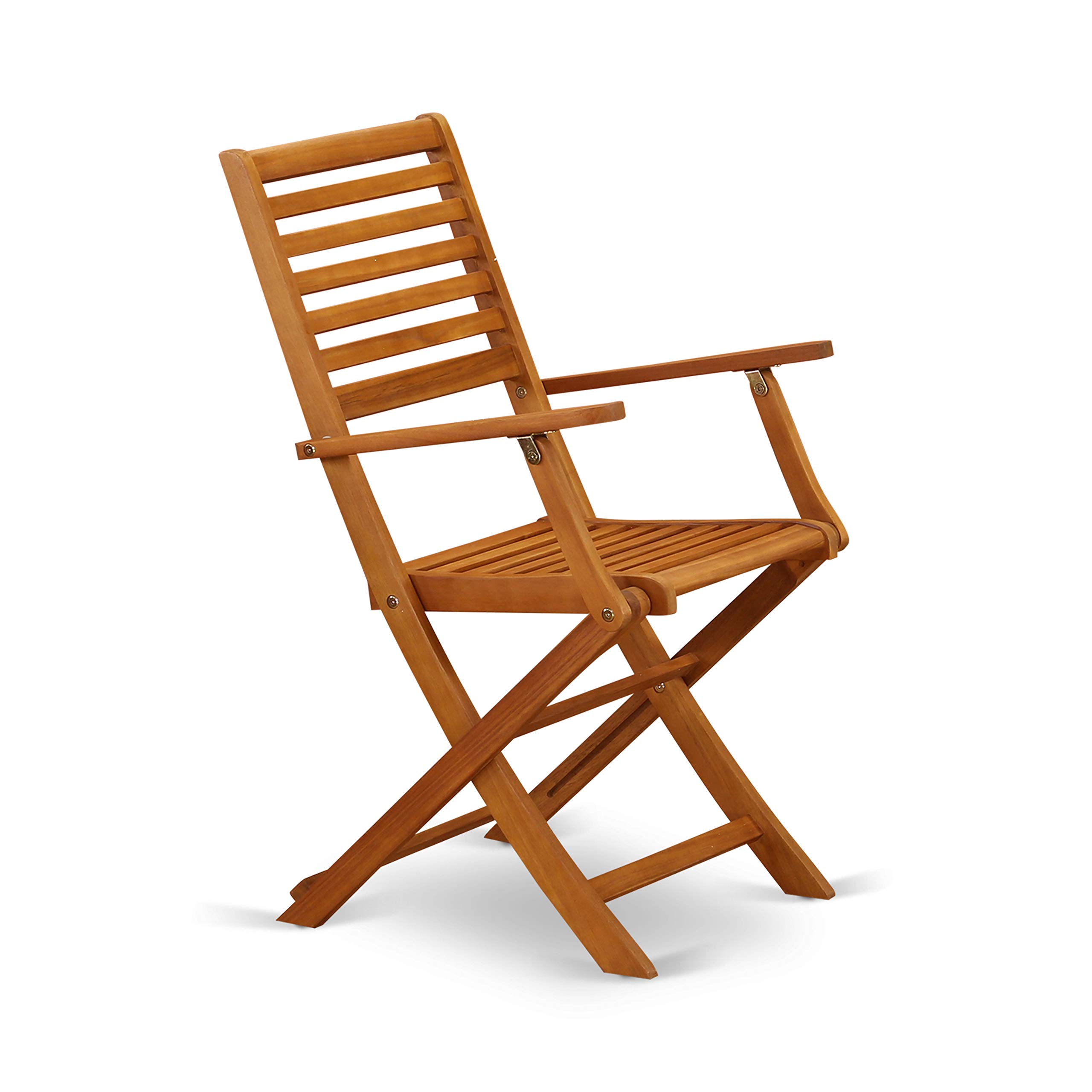 East West Furniture MNBS3CANA Marion 3-Piece Outdoor Patio Conversation Bistro Set - Round Acacia Wood Coffee Table & 2 Folding Arm Chairs, 30x30 Inch, Natural Oil Finish - Perfect for Garden, Balcony, and Backyard Relaxation