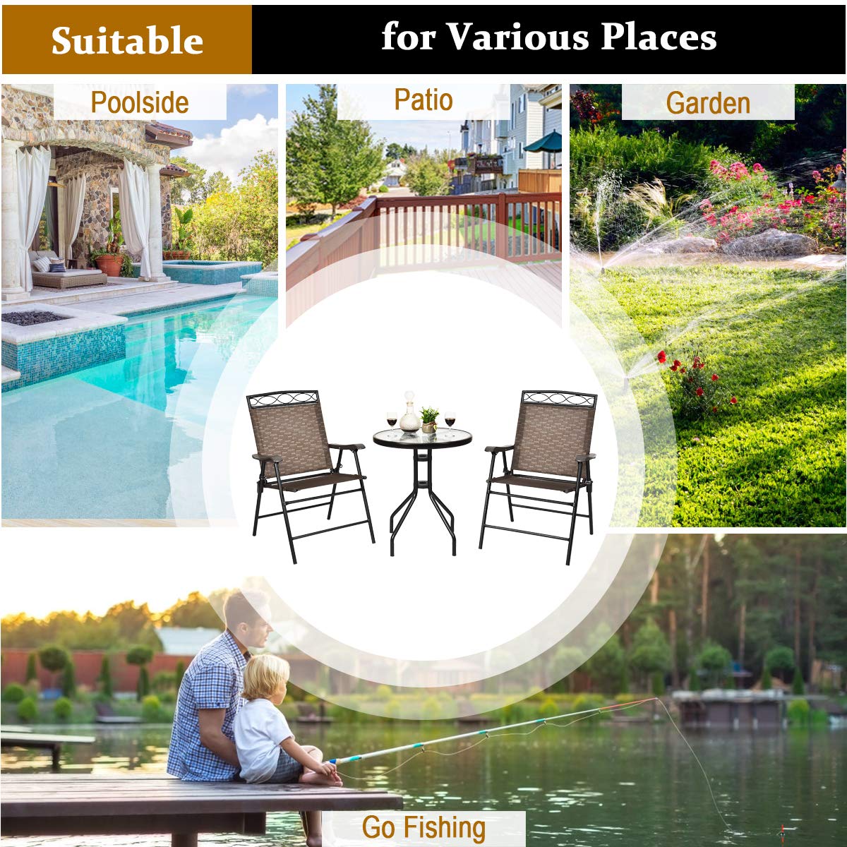 HAPPYGRILL 3-Piece Outdoor Patio Dining Set with Round Tempered Glass Table & Foldable Chairs, Garden Poolside Backyard Furniture Set with Umbrella Hole - Perfect for BBQs, Parties, and Relaxing Outdoors