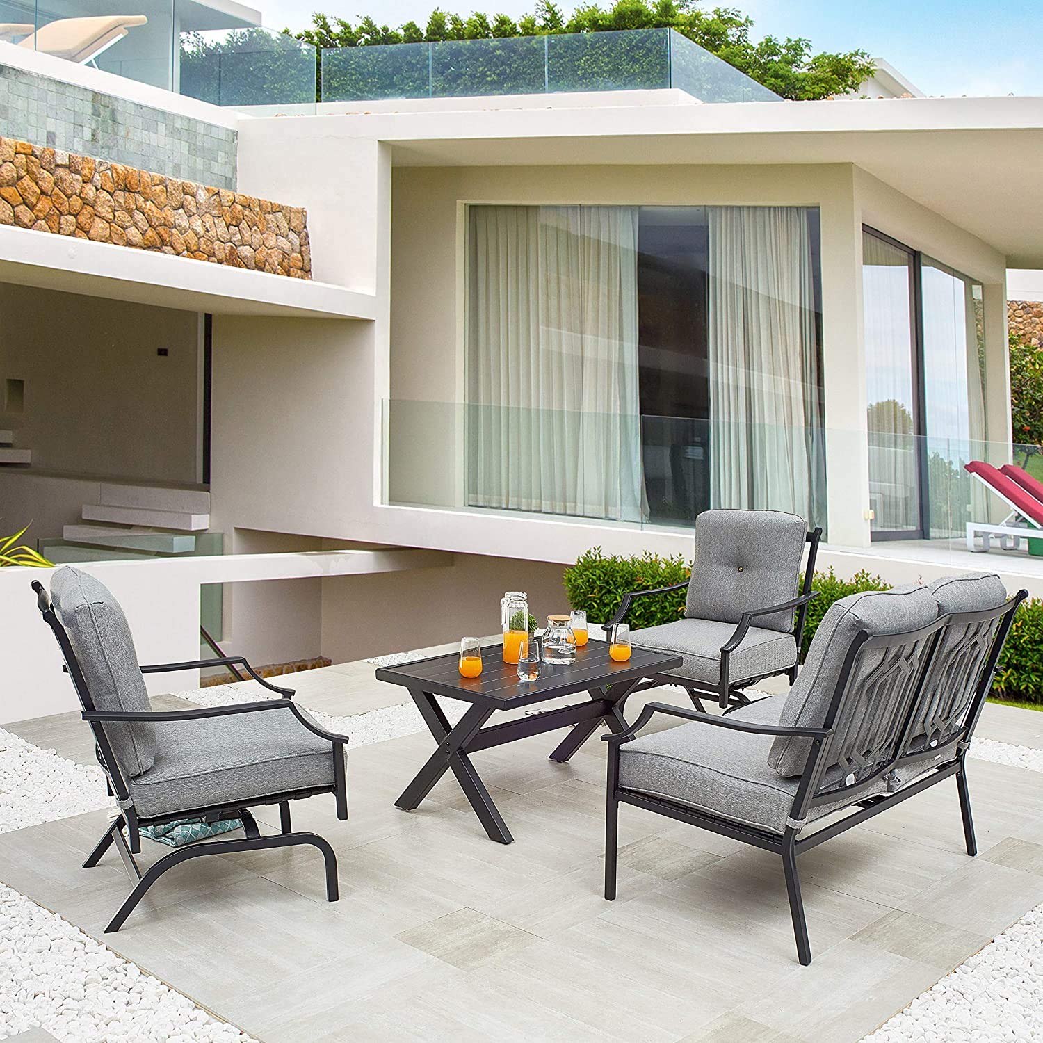 4-Piece Outdoor Patio Furniture Set - All-Weather Metal Chairs with Cushions, Loveseat, Coffee Table & Poolside Lawn Chairs (Grey) - Perfect for Backyard, Garden, Poolside & Terrace Relaxation