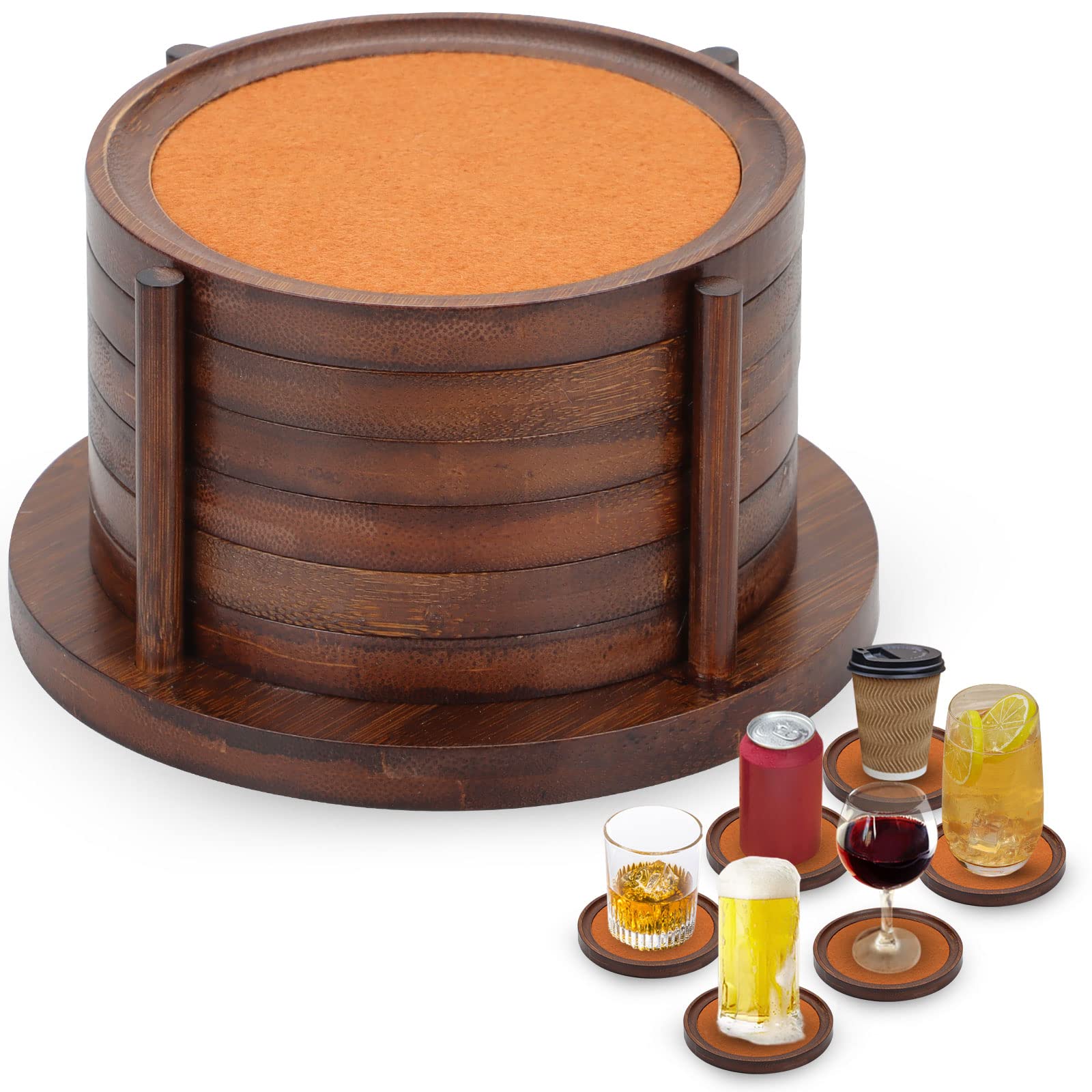 MinBoo 6-Piece Dark Brown Bamboo Drink Coasters Set with Holder - Absorbent, Durable & Stylish for Coffee Tables, Dining Tables, Bars - Perfect for Home Decor, Housewarming & Wedding Gifts - Protect Your Furniture from Stains & Water Rings