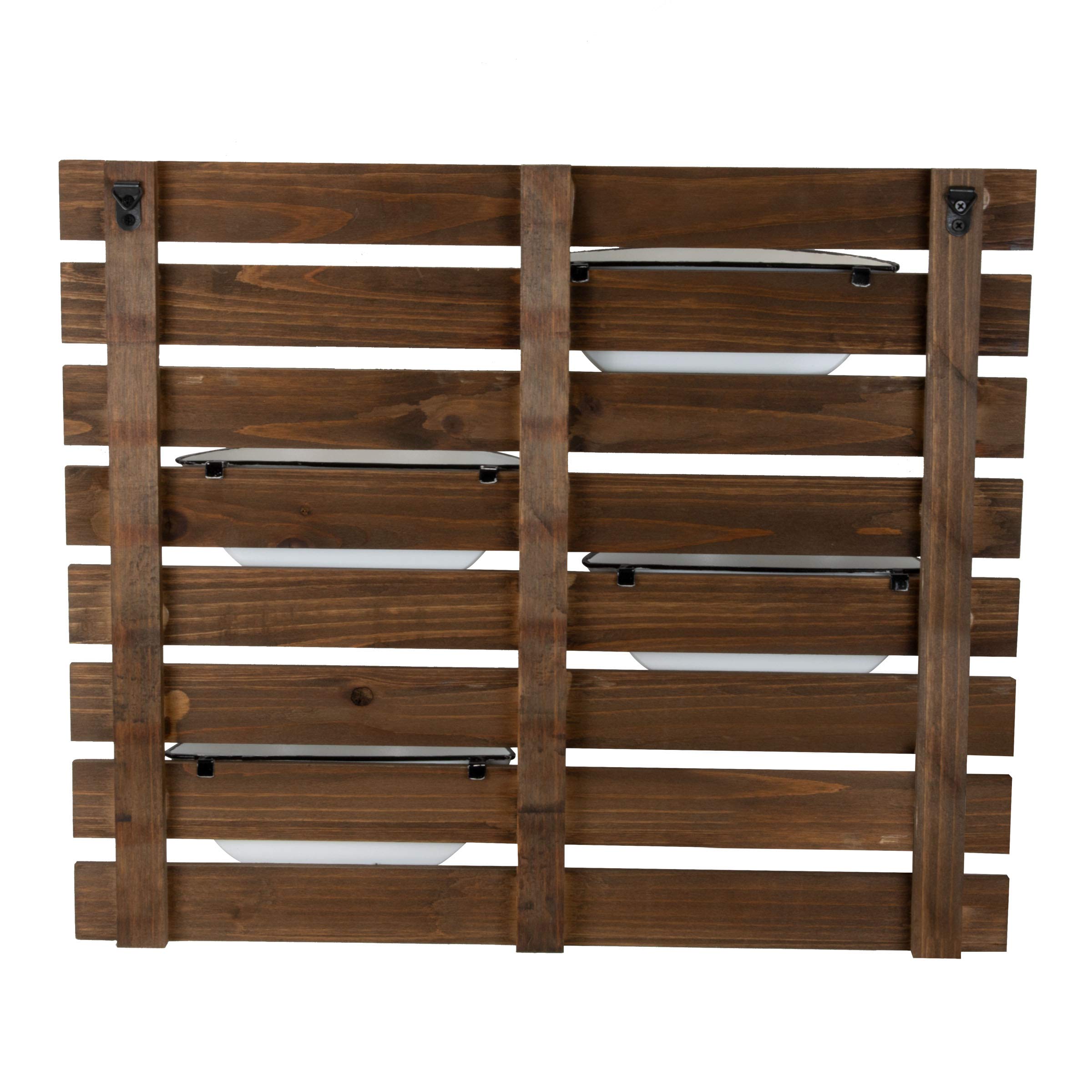 Rustic Slat Wood Wall Planter with 4 Distressed White Enamel Pots - Indoor/Outdoor Hanging Flower Box for Home Garden, Patio, Balcony Decor - Perfect for Herbs, Succulents and Small Plants