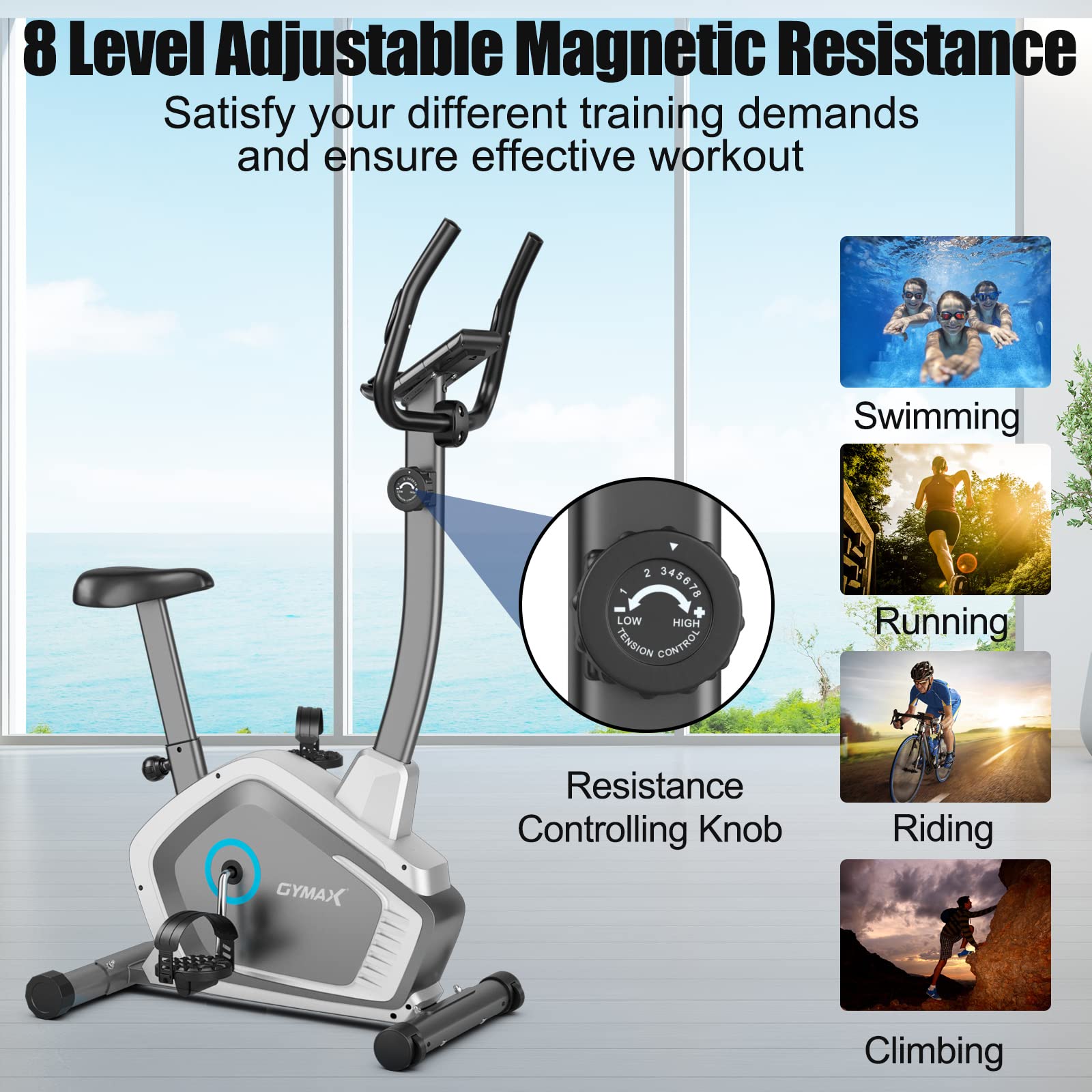 GYMAX Magnetic Upright Exercise Bike with LCD Monitor, Heart Rate Sensor & Transport Wheels - Indoor Cardio Equipment for Home Gym Workouts, Weight Loss & Fitness Training