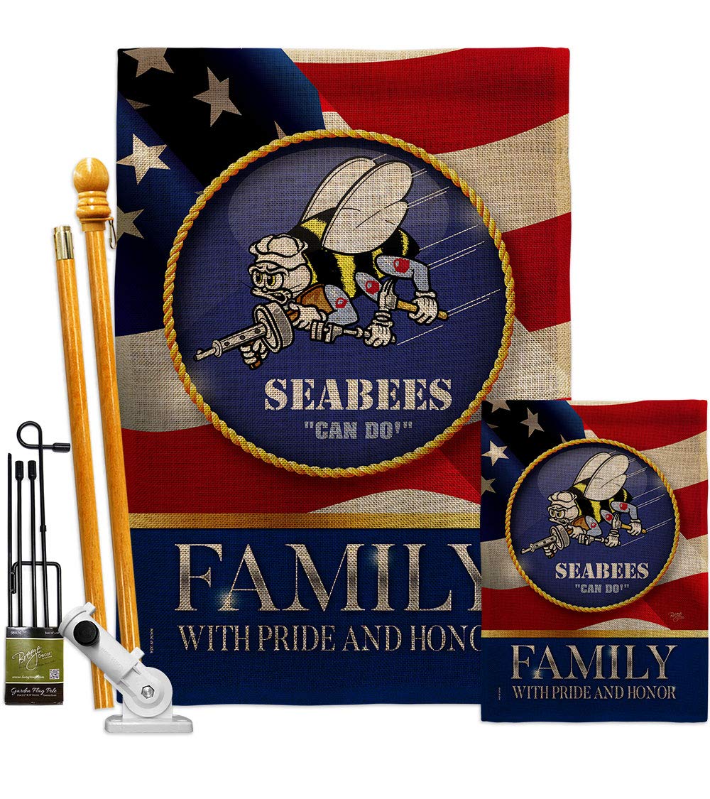 US Seabees Family Honor Burlap Garden House Flags Kit - Double-Sided 28x40 Inch Armed Forces Navy USN Veteran Yard Banner - Made in USA - Perfect for Military Appreciation, Patriotic Home Decor & Veteran Gifts