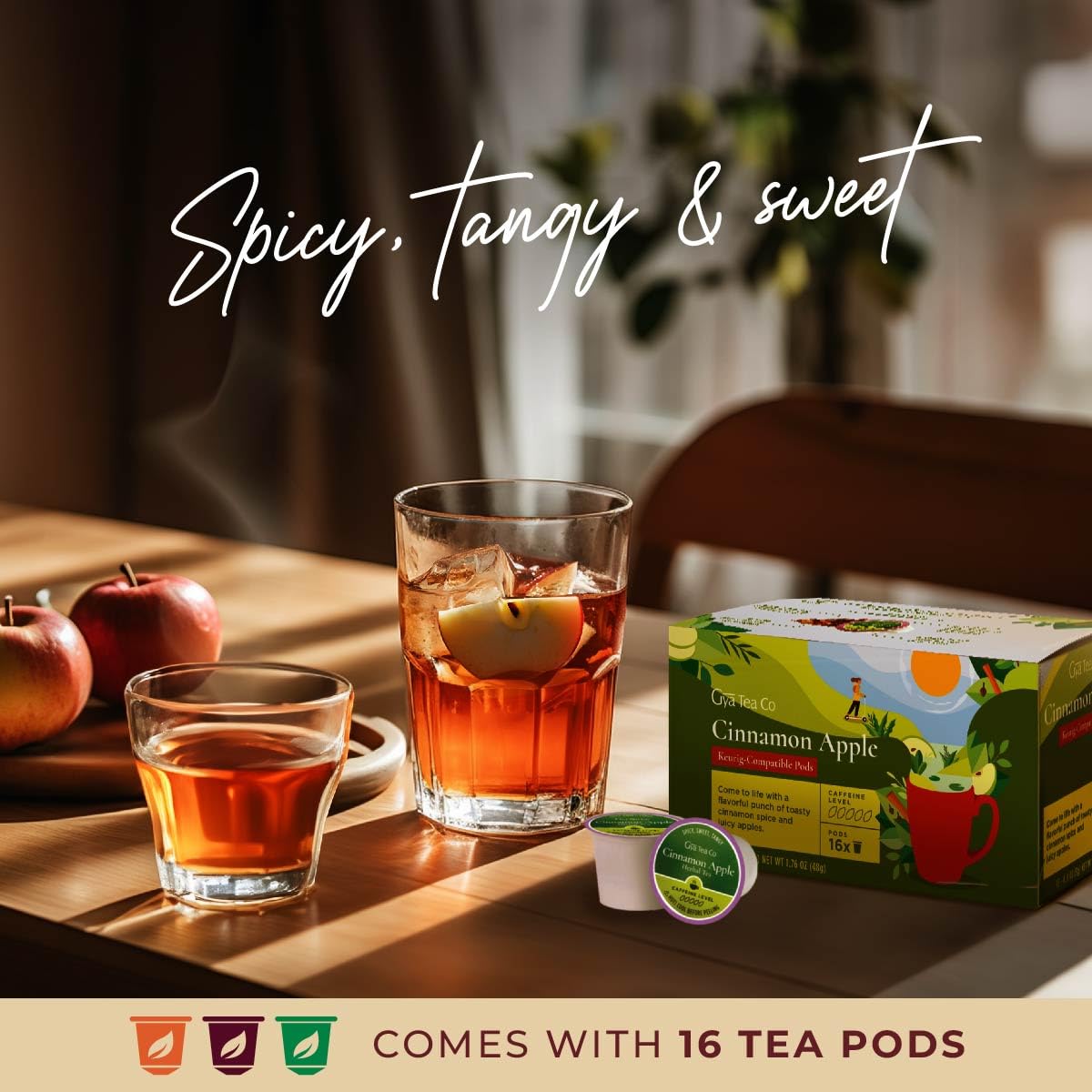 Gya Tea Co Cinnamon Apple Herbal Tea Pods (16 Count) - Decaffeinated Apple Cider Tea for Soothing & Digestive Health - Sweet Hot Tea for Warmth in Winter - Perfect for Relaxation, Cold Weather & Holiday Gatherings