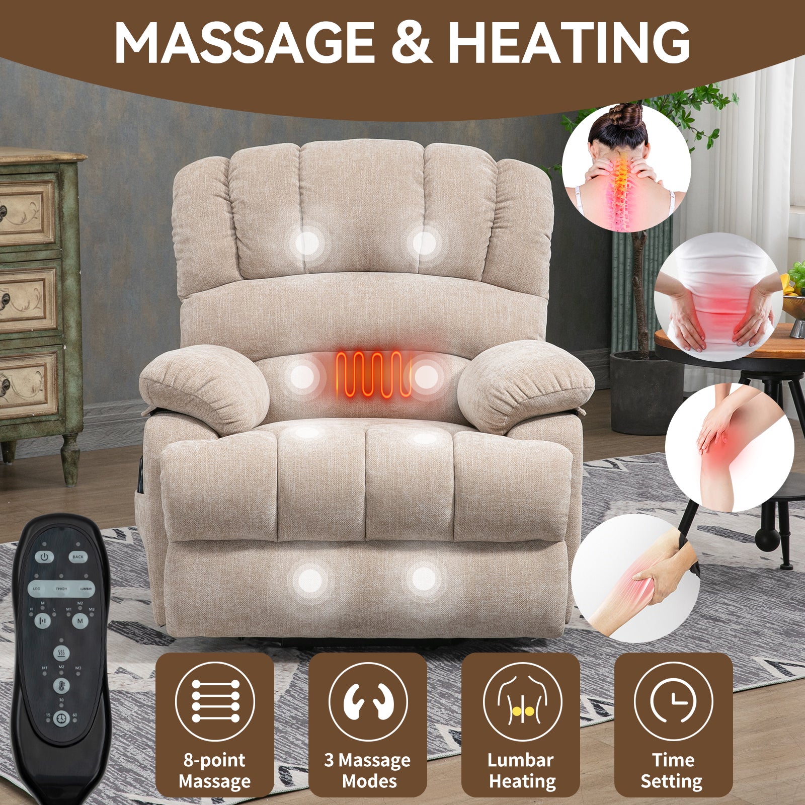 Extra Wide 23-Inch High Back Large Beige Chenille Power Lift Recliner Chair with 8-Point Vibration Massage & Lumbar Heating - Perfect for Living Room, Home Theater & Elderly Comfort