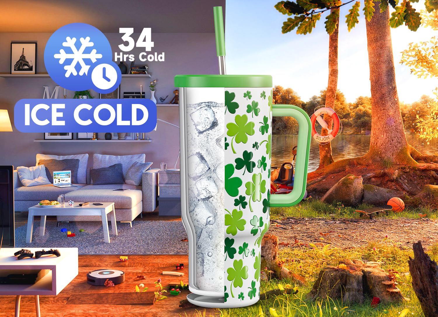 Meoky 40 oz Insulated Stainless Steel Tumbler with Handle, Lid & Straw - 100% Leak-Proof, Keeps Drinks Cold 34+ Hours - Perfect for Travel, Gym, Office & Outdoor Activities (Shamrock Green)