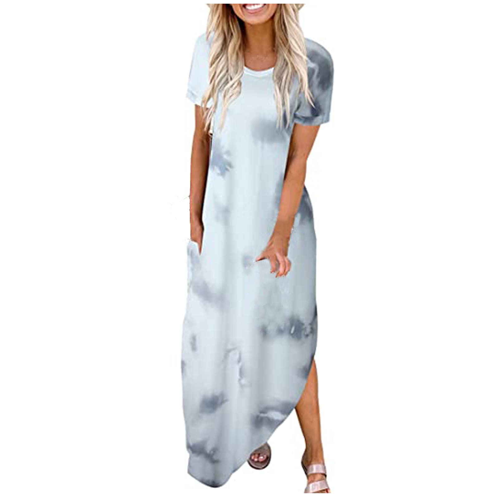 BLVB 2022 Women's Gradient Print O-Neck Short Sleeve Casual Slit Maxi Dress for Summer Beach, Party & Everyday Wear
