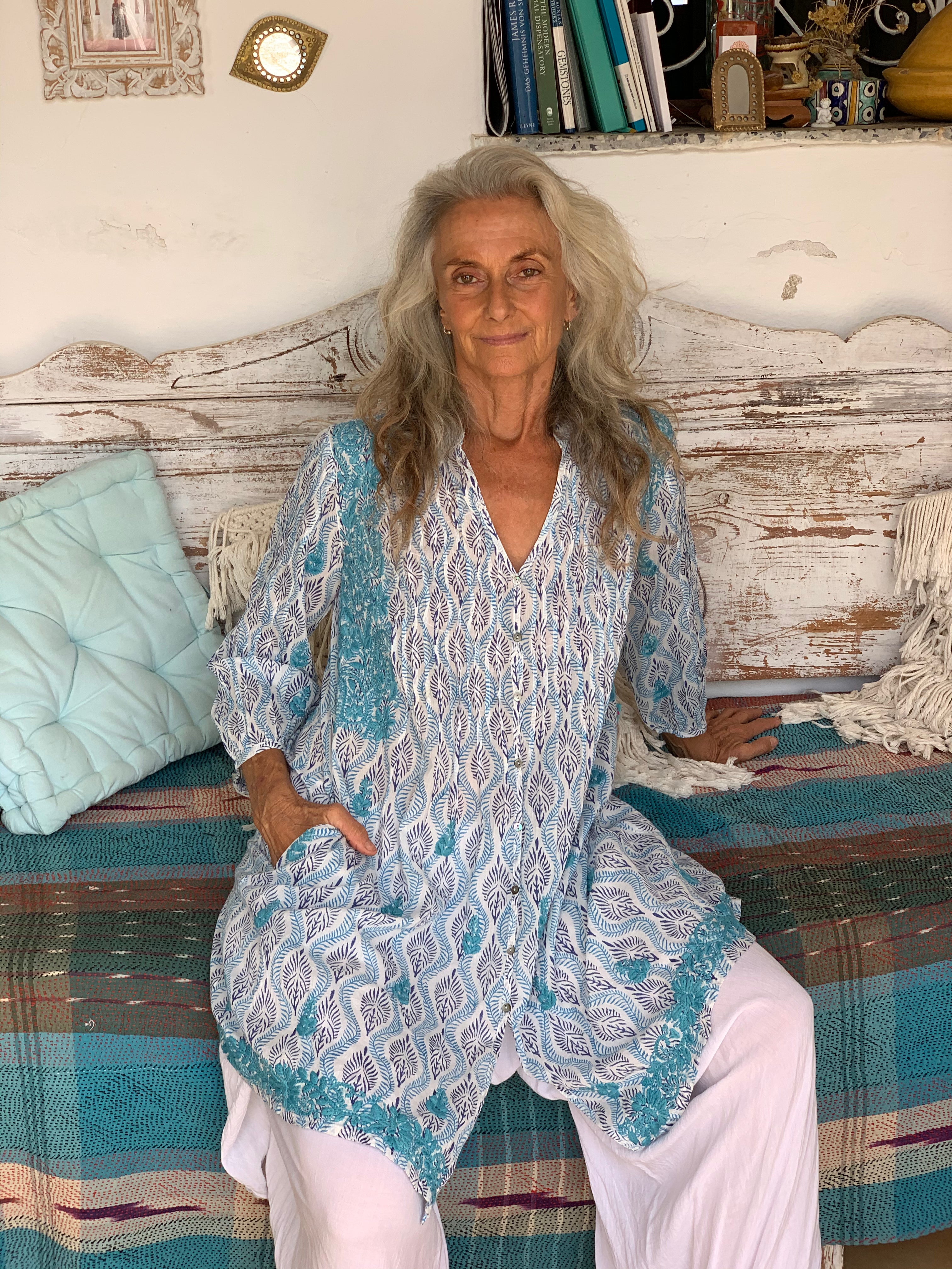 Handmade Brazilian Block Print Tunic in Blue and White - Boho Chic Summer Dress for Beach, Vacation & Casual Wear