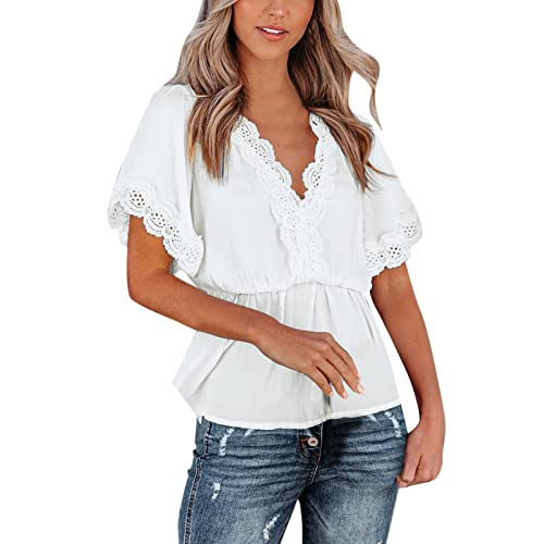 Women's Long Sleeve Cotton Blouse with Lace V-Neck - Casual Tops for Women (White, XXL) - Perfect for Office Wear, Date Nights & Everyday Comfort