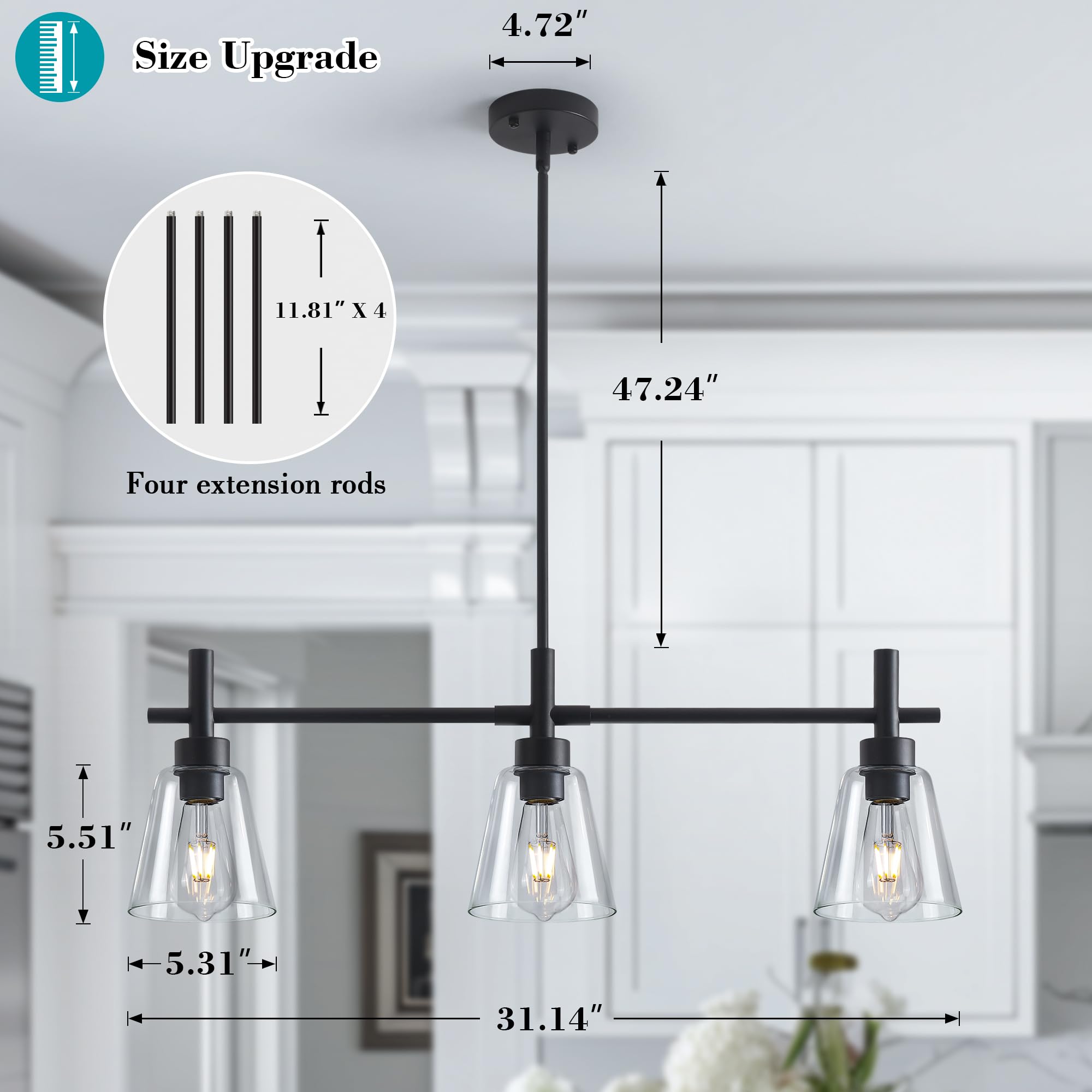 Modern Black Kitchen Island Lighting - 3-Light Adjustable Rectangle Linear Chandelier with Glass Shades, Farmhouse Pendant Light Fixture for Dining Room & Living Room - Perfect for Kitchen Counter, Breakfast Bar and Open Concept Spaces
