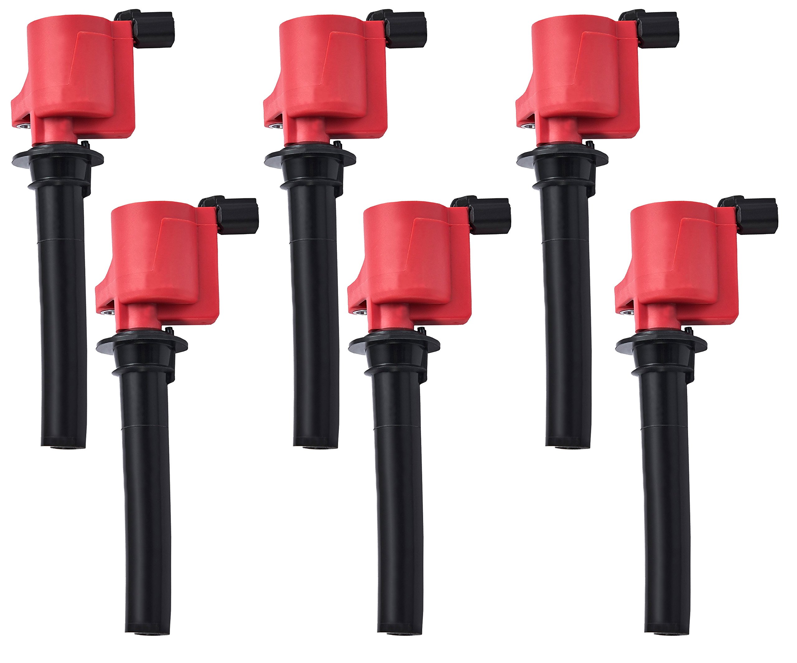 ENA Set of 6 Red Ignition Coil Packs - Compatible with Ford Mercury Mazda 2001-2008 Models (Tribute, Mariner, Escape, Five Hundred, Freestyle, Montego, Taurus, Sable V6 3.0L) - Direct Replacement for DG500 DG513 FD502 - Perfect for Engine Performance & Tune-Up Maintenance