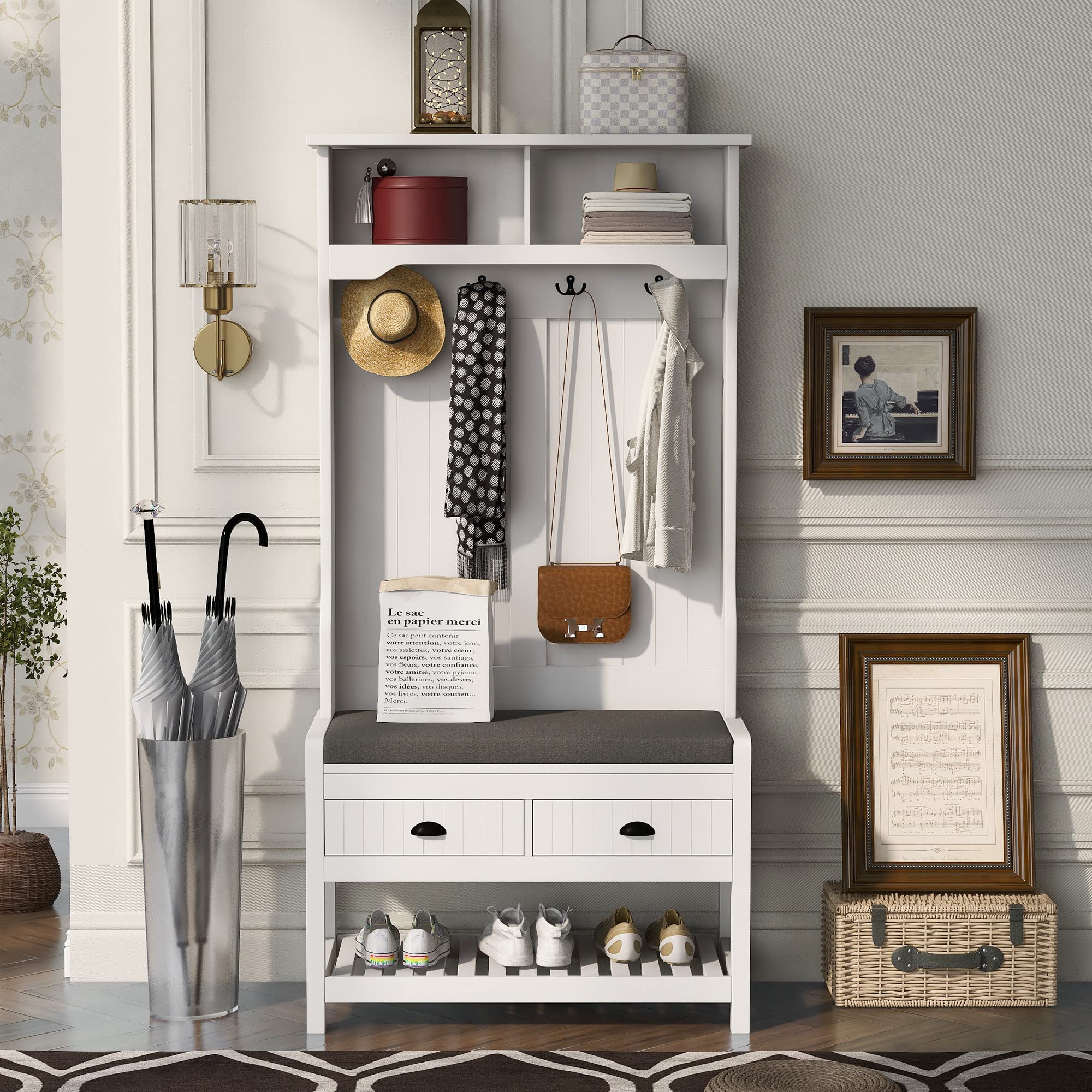 Goujxcy 3-in-1 Entryway Hall Tree with Storage Bench - Modern Coat Rack & Shoe Organizer Cabinet with Top/Bottom Storage - White - Perfect for Living Room, Hallway & Entryway Organization