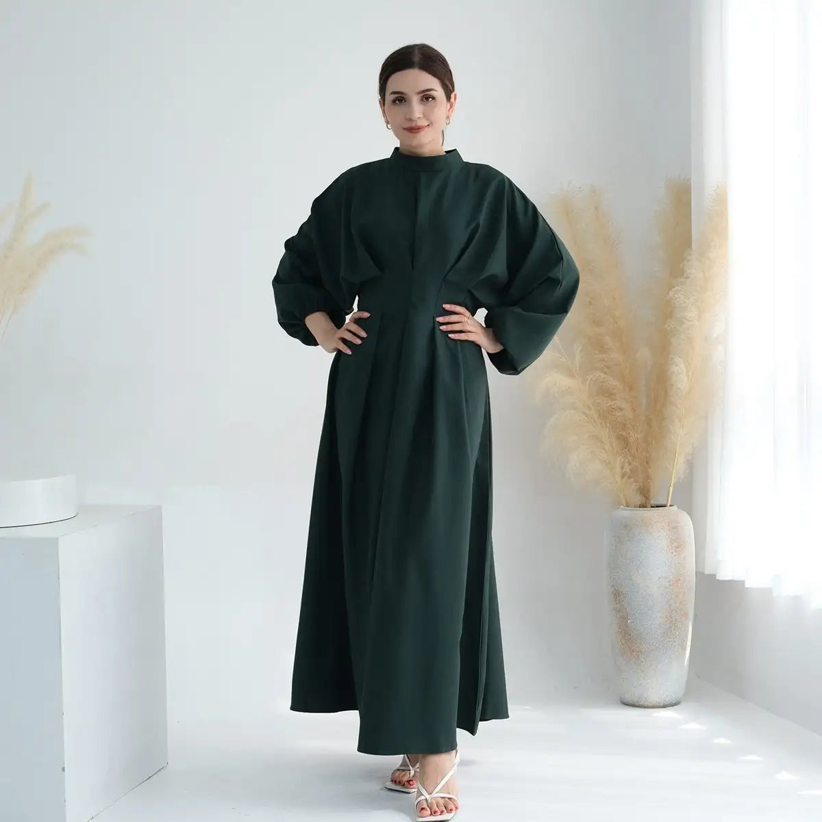 Modest Muslim Women's Elastic Sleeve Linen Abaya Dress - Comfortable Prayer Dress for Home & Mosque